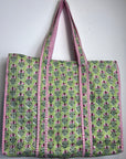 Printed Tote Bag - Green print with pink trim