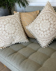 Embroidered Cushion Cover With Pom Poms - Ivory