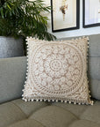 Embroidered Cushion Cover With Pom Poms - Ivory