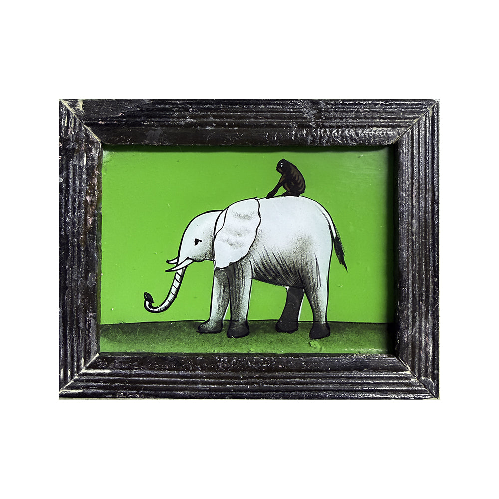 Hand Painted Indian Glass Art - Monkey &amp; Elephant - Mini