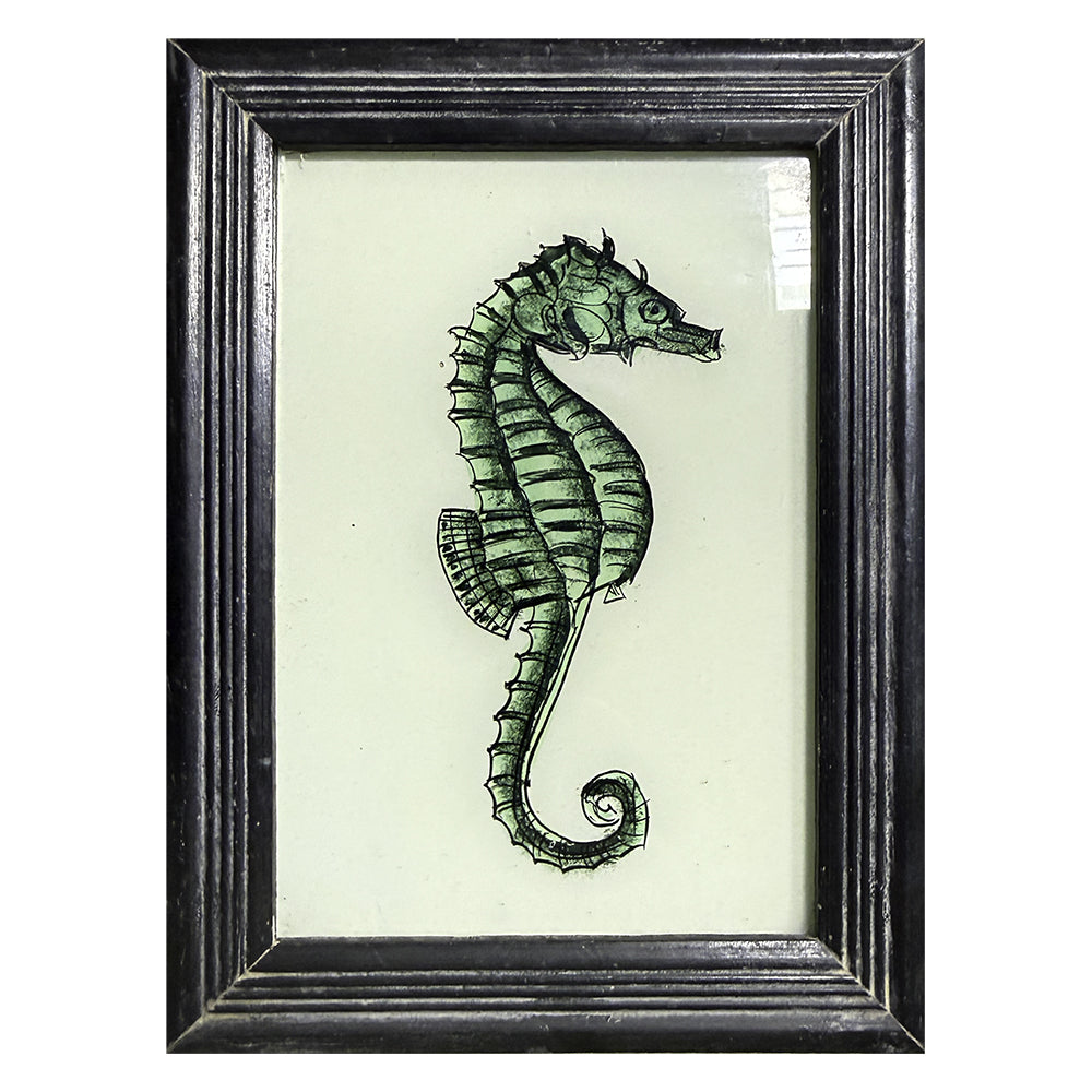 Hand Painted Indian Glass Art - Green Seahorse  - Small