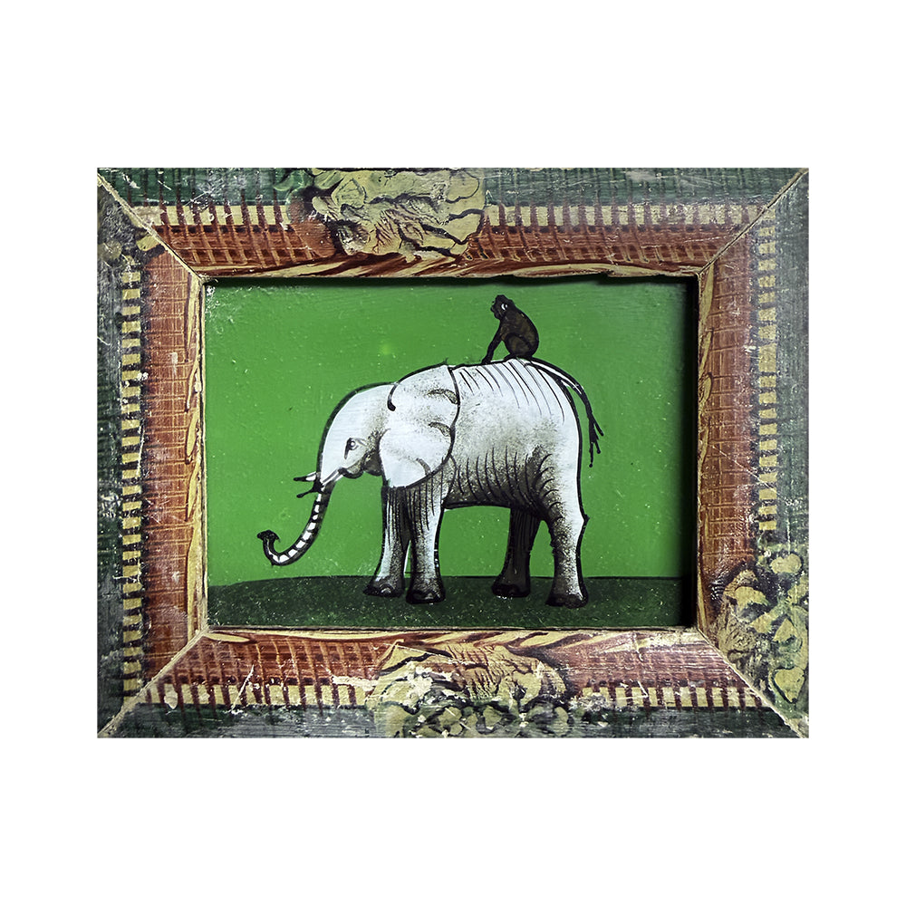 Hand Painted Indian Glass Art - Elephant &amp; Monkey - Mini