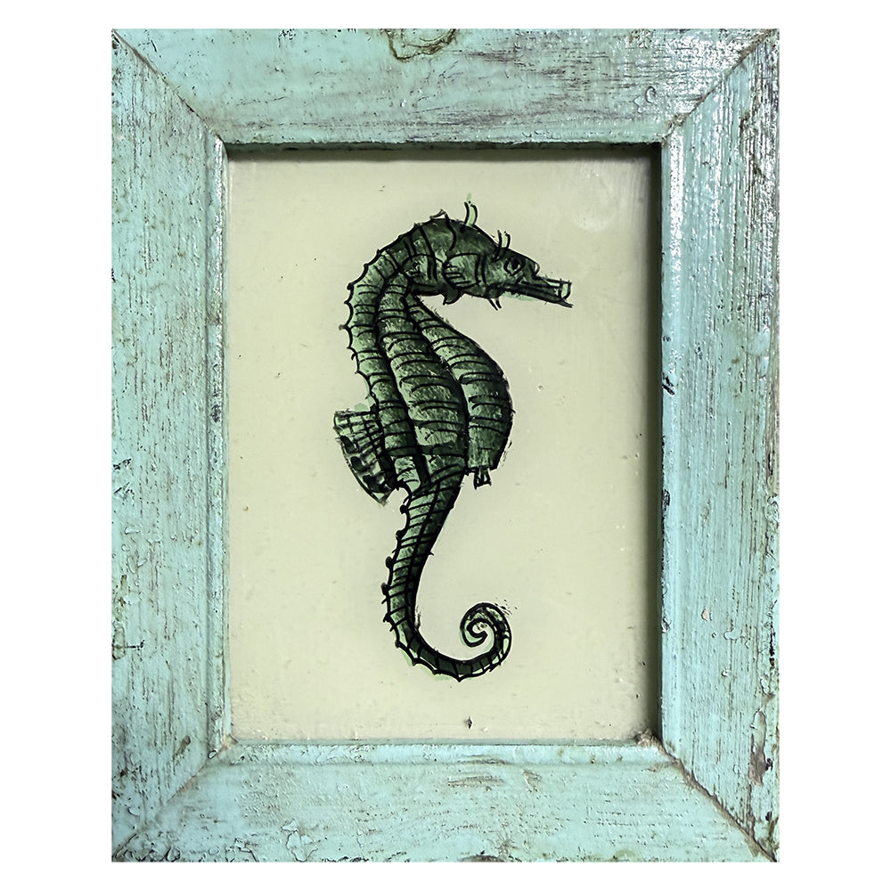 Hand Painted Indian Glass Art - Green Seahorse - Mini