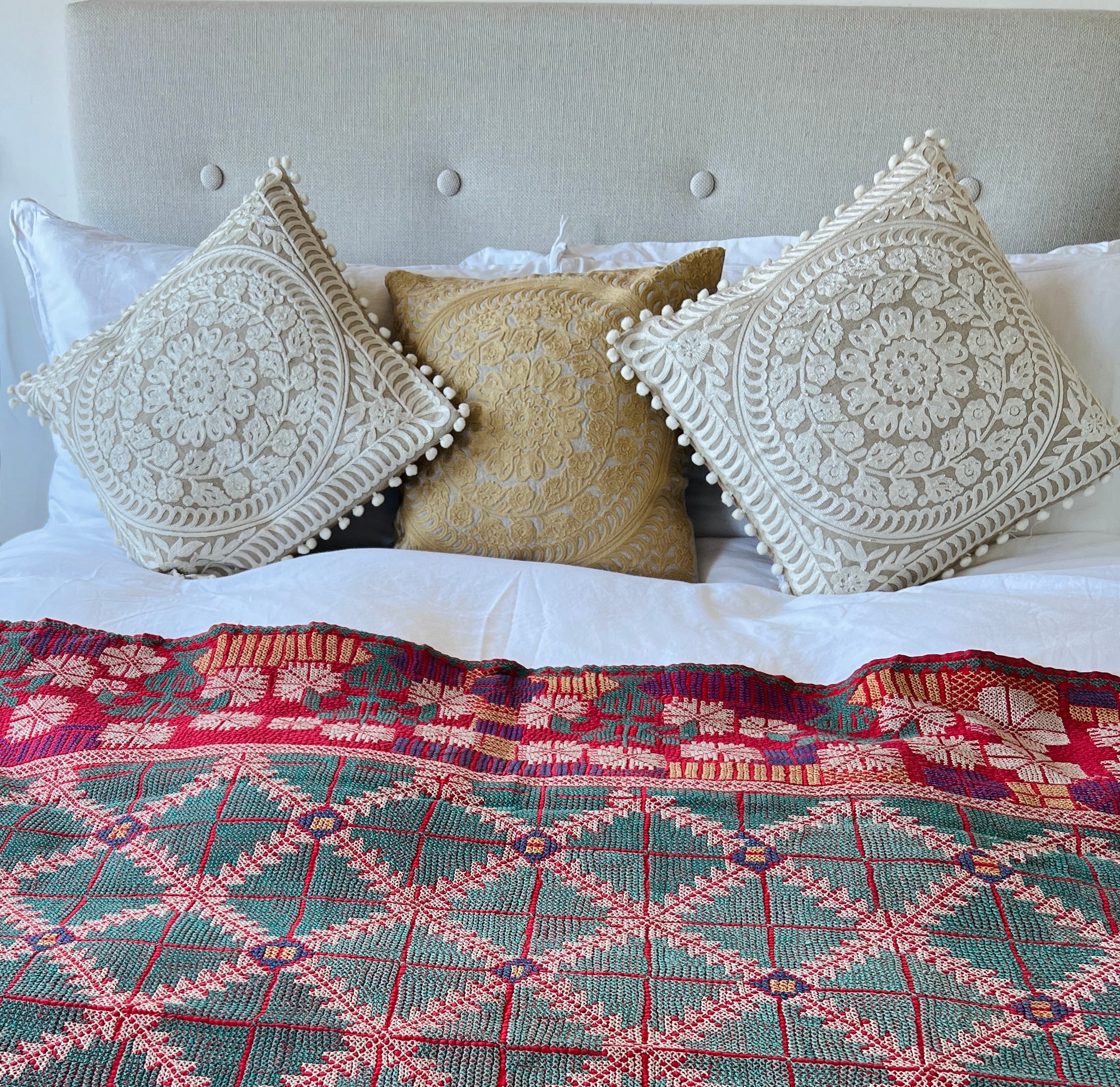 Embroidered Cushion Cover With Pom Poms - Ivory