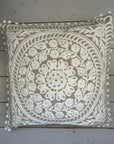 Embroidered Cushion Cover With Pom Poms - Ivory