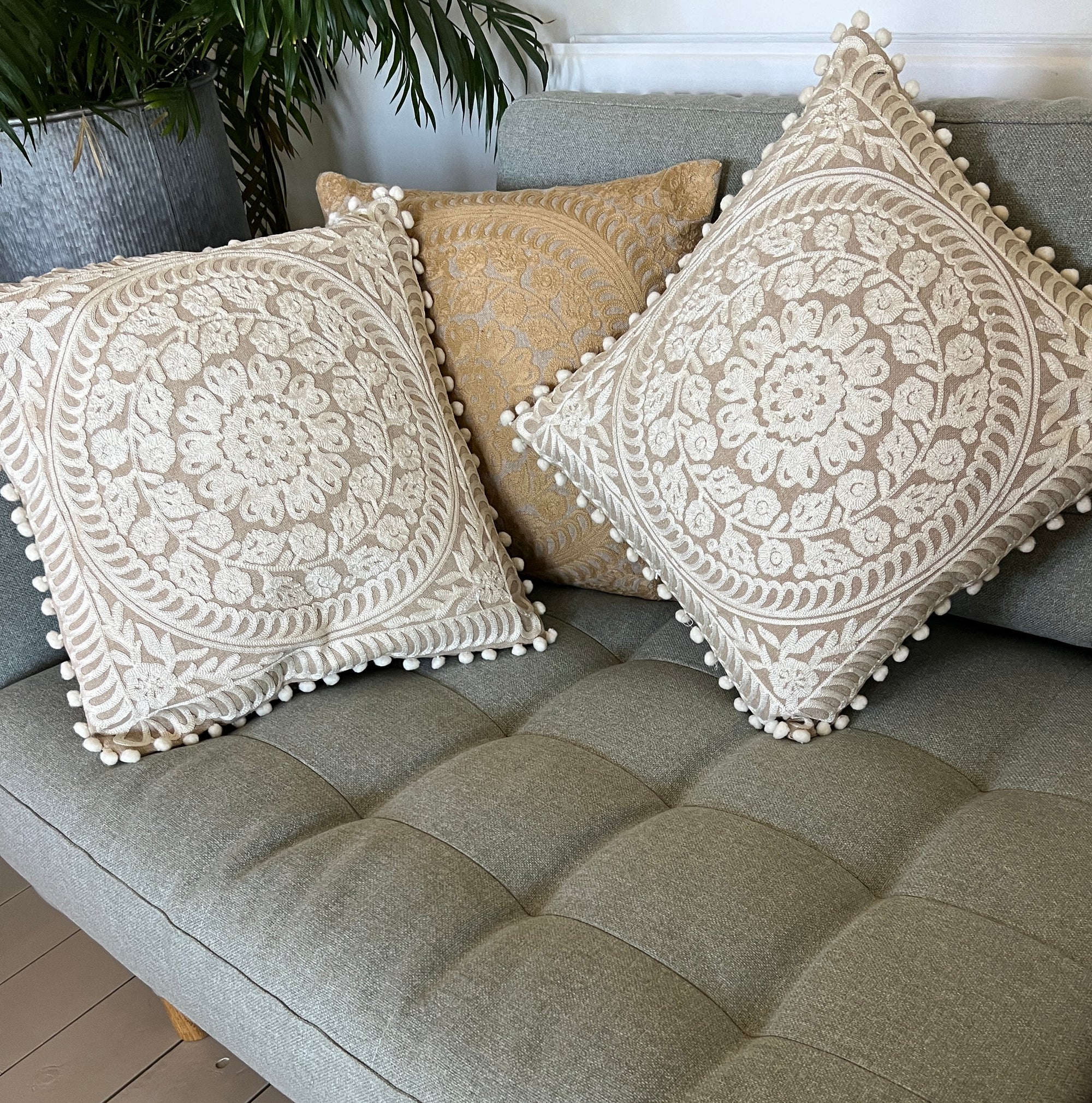 Embroidered Cushion Cover With Pom Poms - Ivory