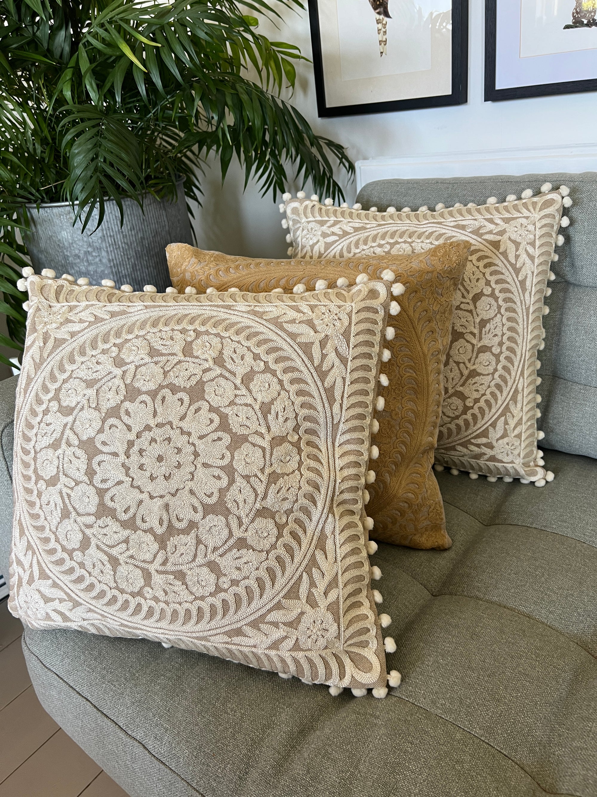 Embroidered Cushion Cover With Pom Poms - Ivory