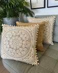 Embroidered Cushion Cover With Pom Poms - Ivory