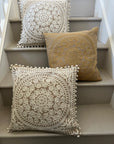 Embroidered Cushion Cover With Pom Poms - Ivory