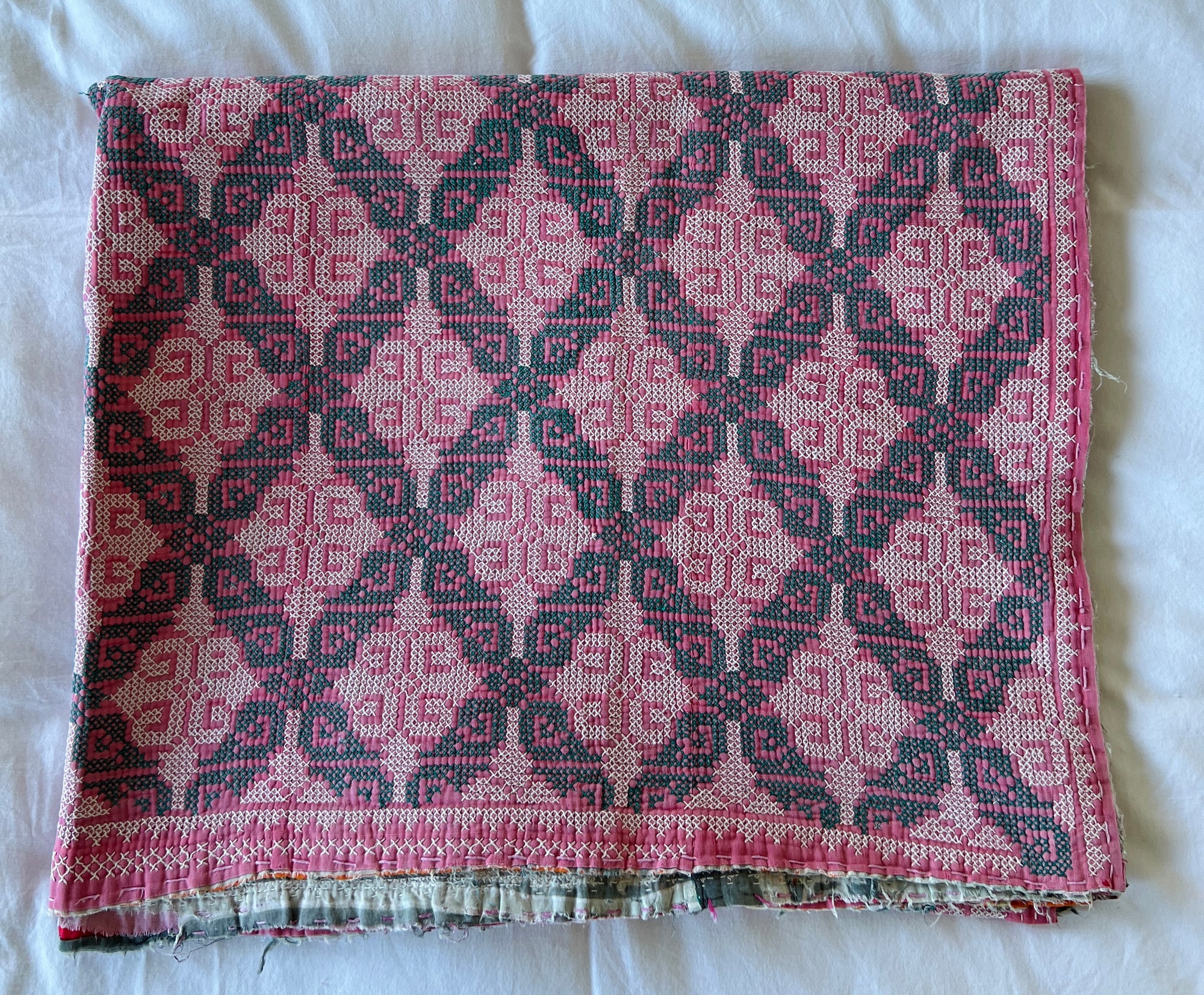 Vintage Galicha Bengali Throw - Pink And Green