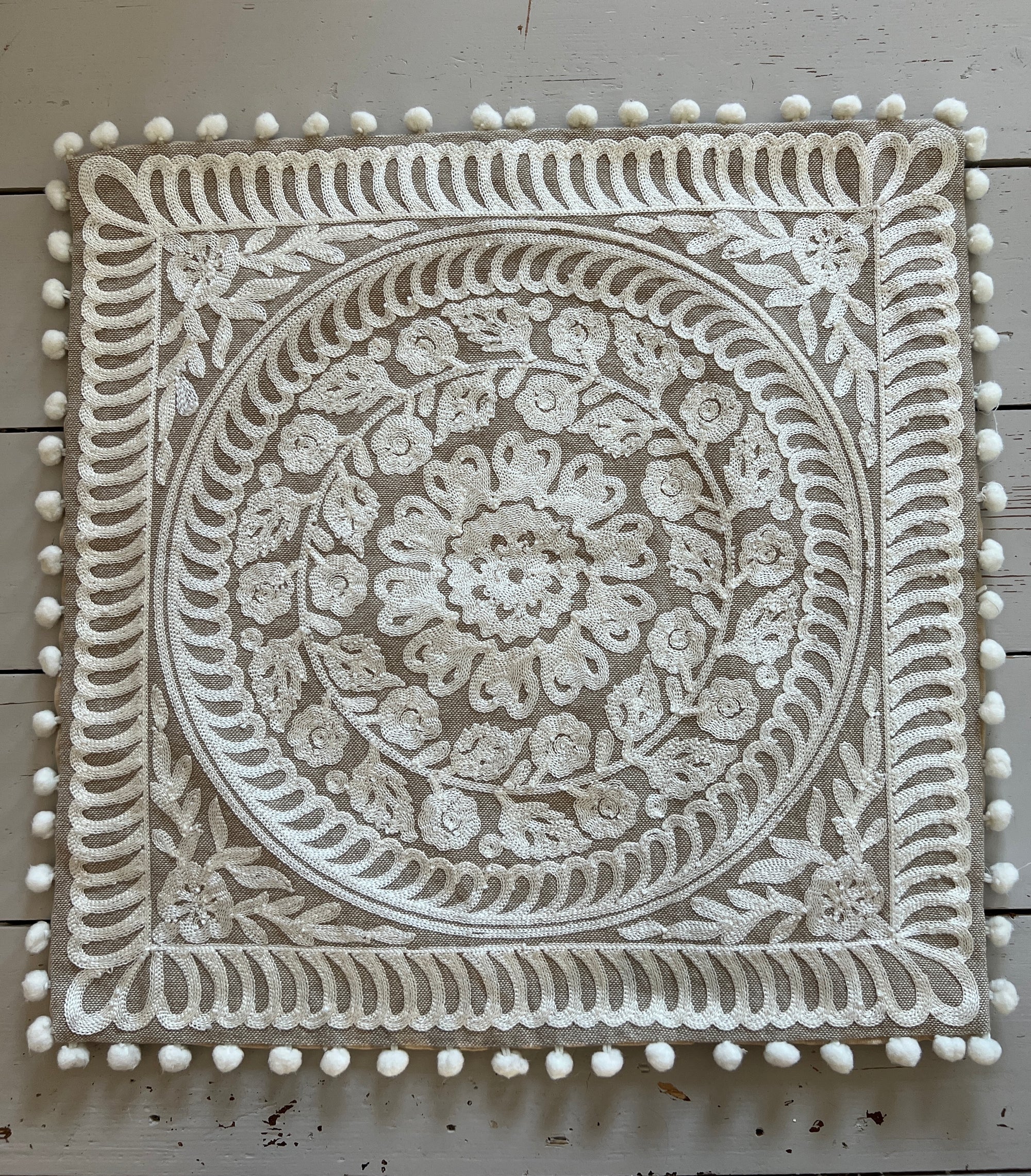 Embroidered Cushion Cover With Pom Poms - Ivory