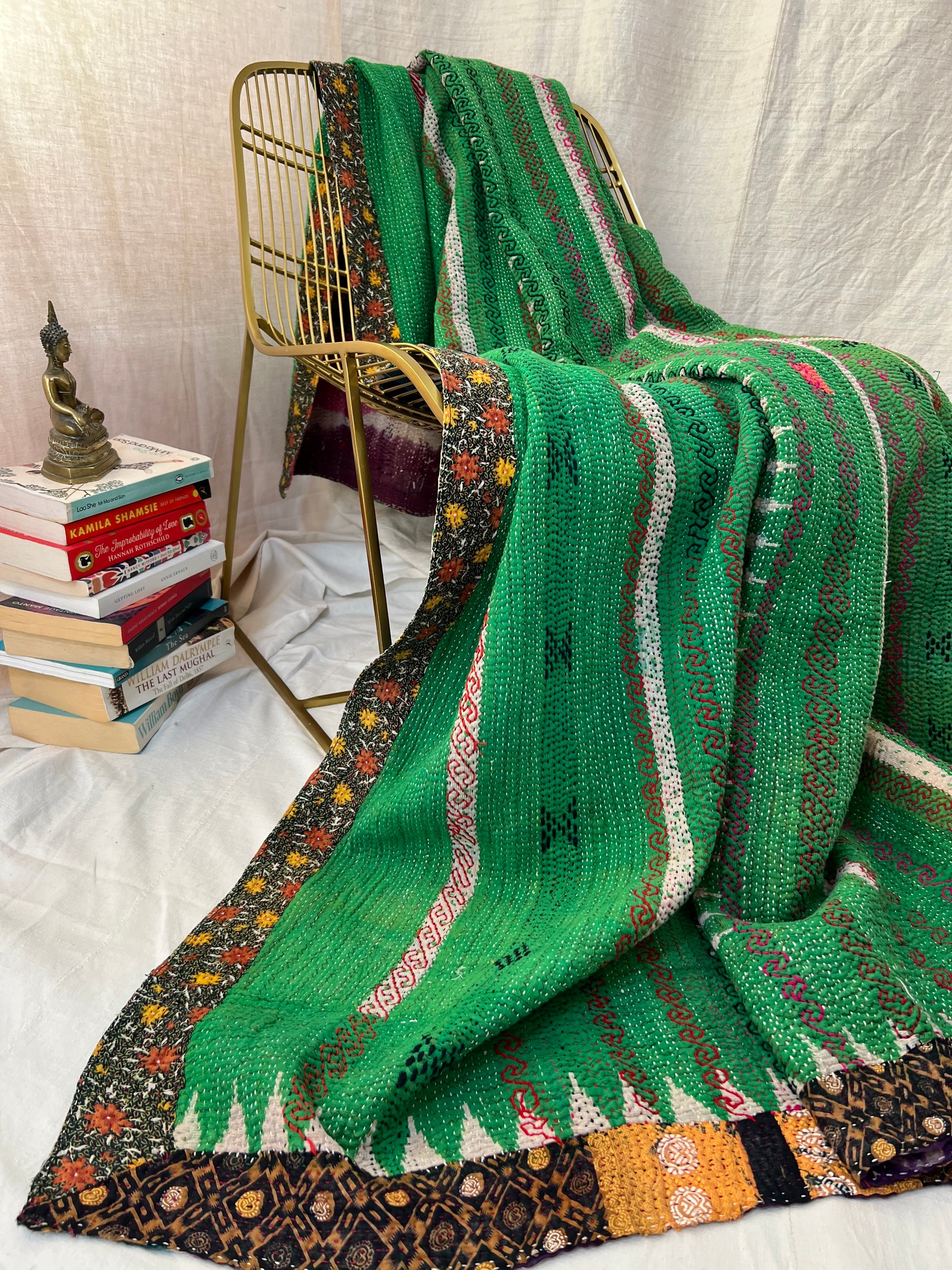 Vintage Kantha Throw - Green Stripe