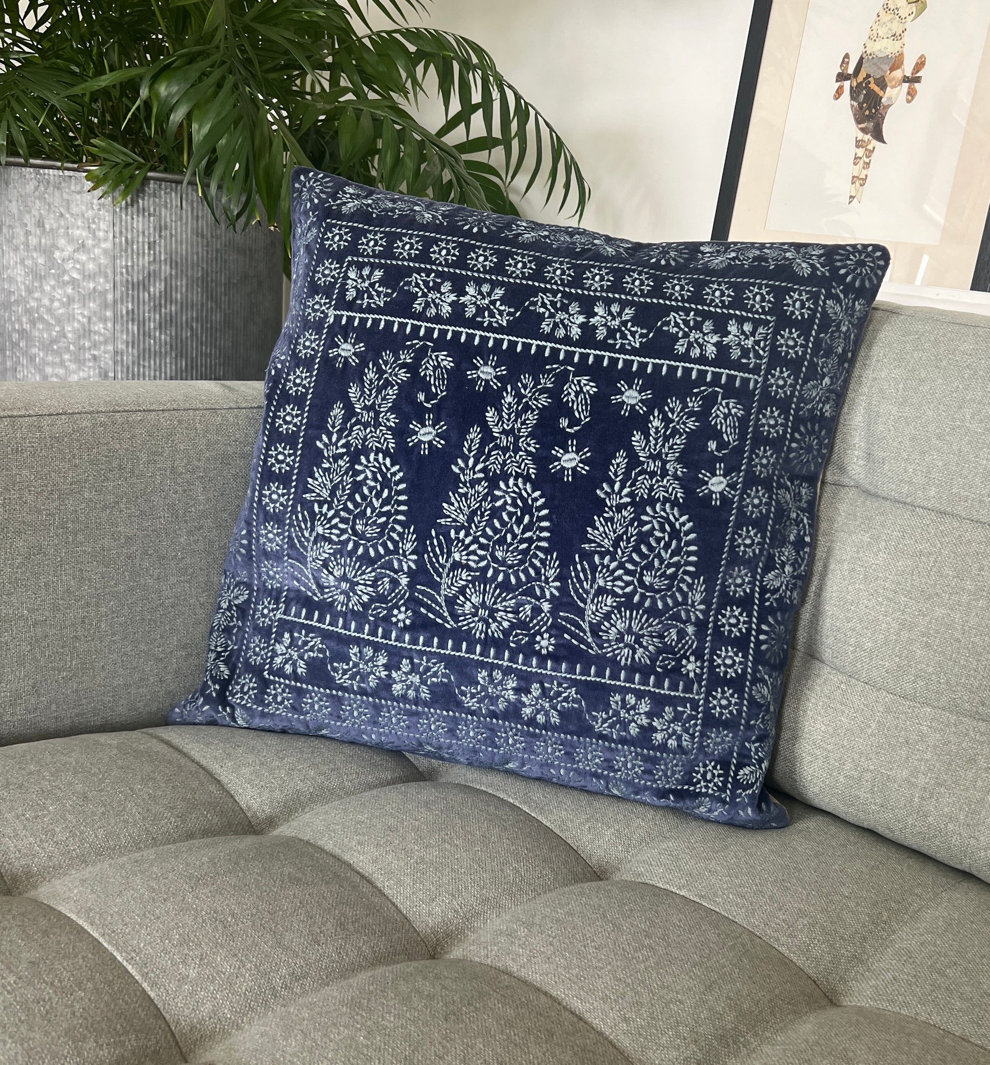 Velvet Paisley Embroidered Cushion Cover - Blues