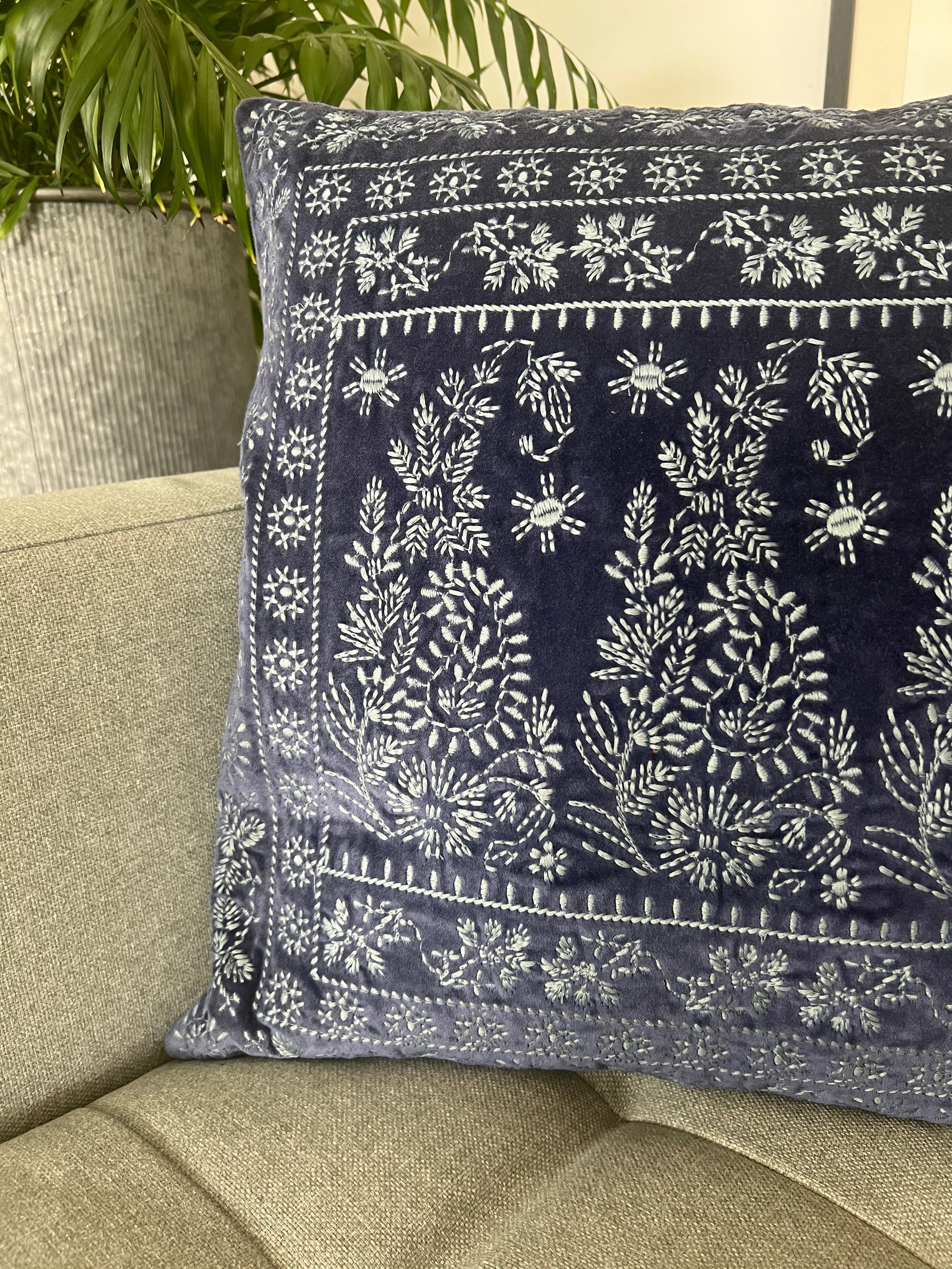 Velvet Paisley Embroidered Cushion Cover - Blues