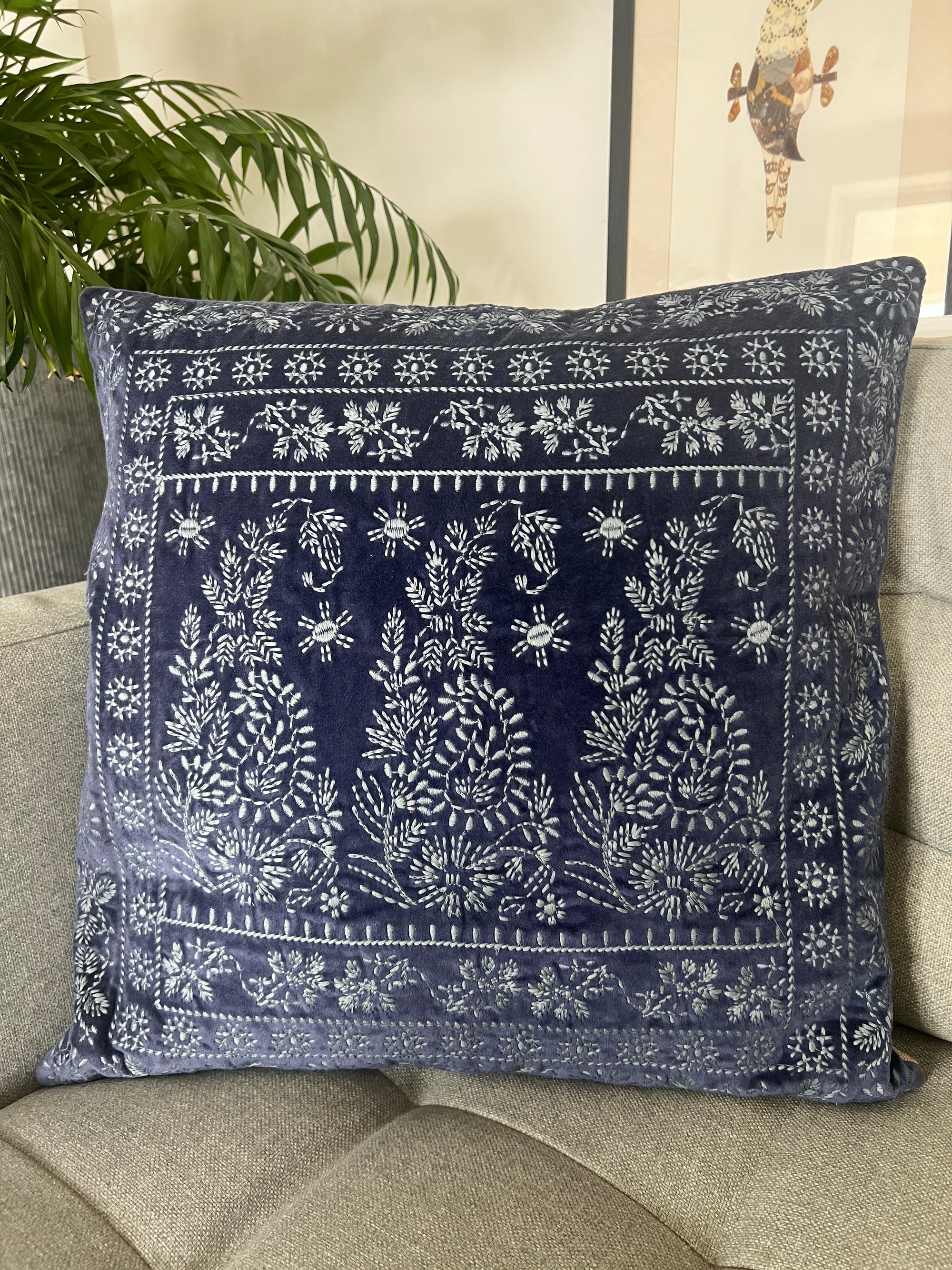 Velvet Paisley Embroidered Cushion Cover - Blues