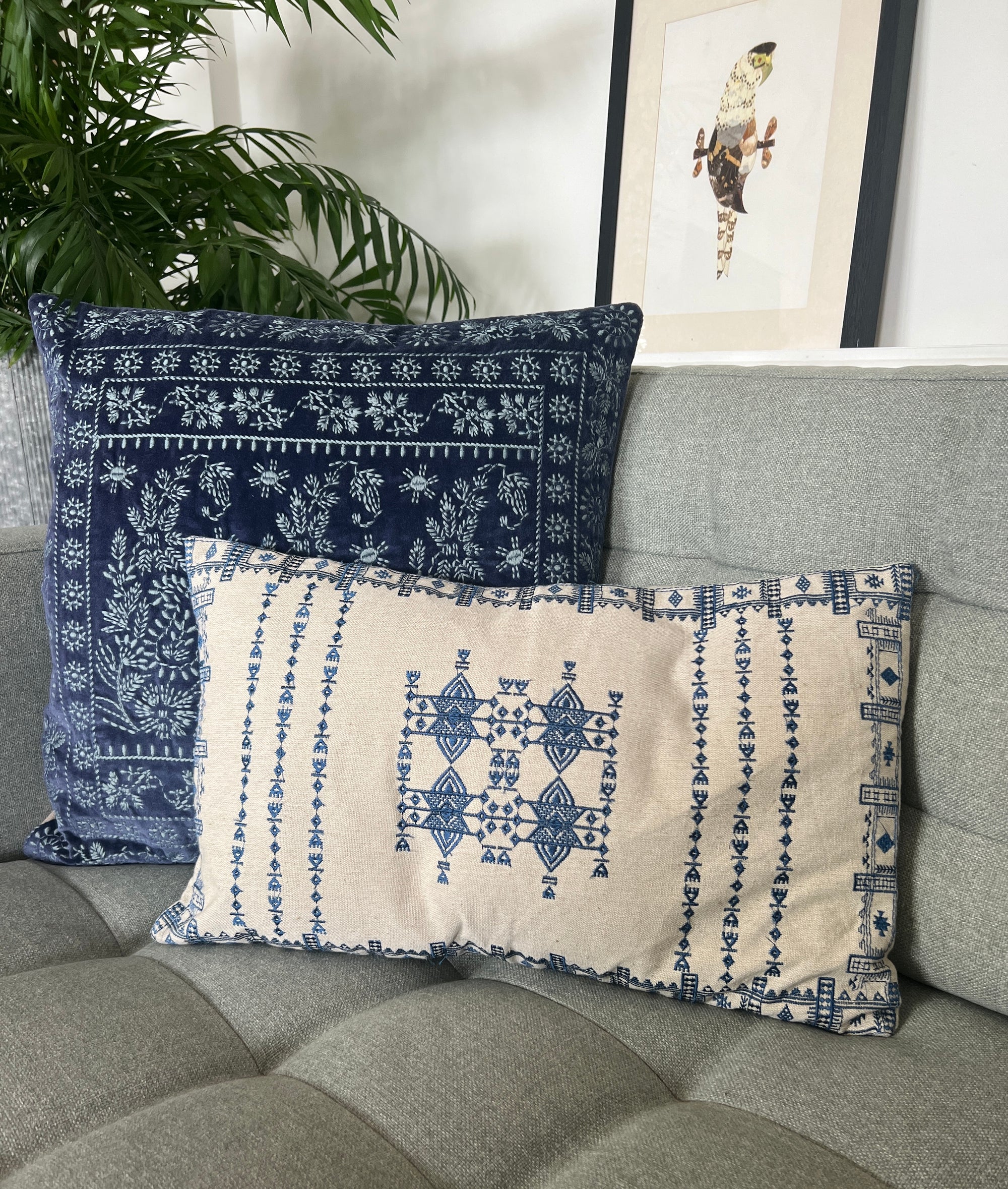 Velvet Paisley Embroidered Cushion Cover - Blues
