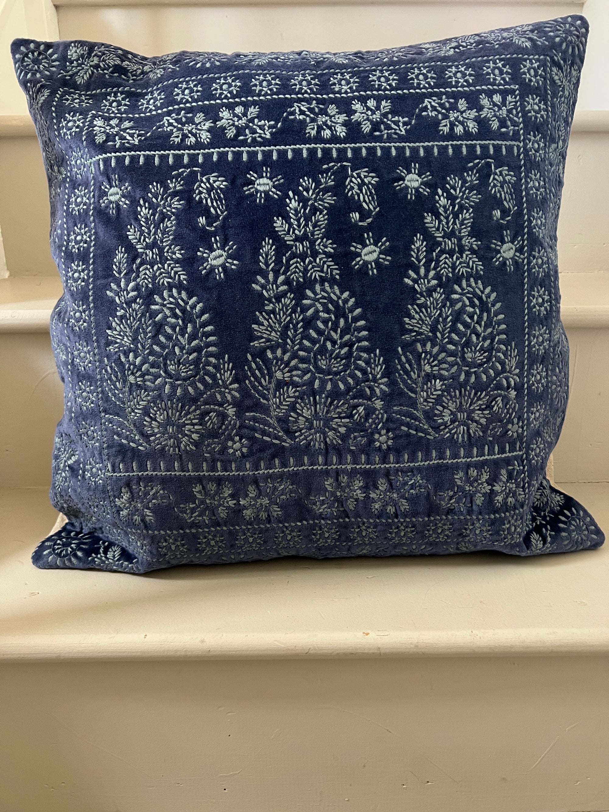 Velvet Paisley Embroidered Cushion Cover - Blues
