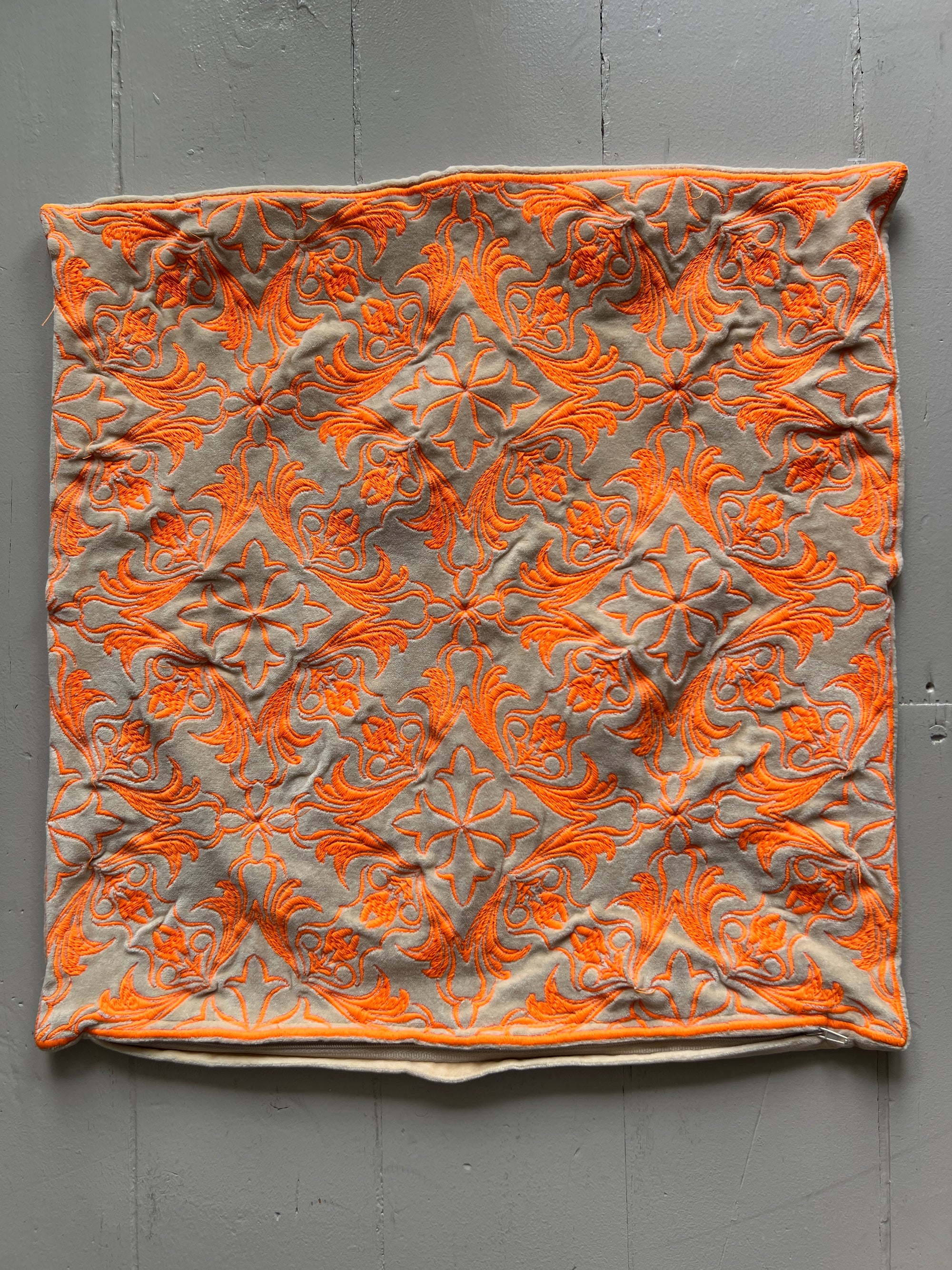 Velvet Embroidered Cushion Cover - Neon Orange Embroidery