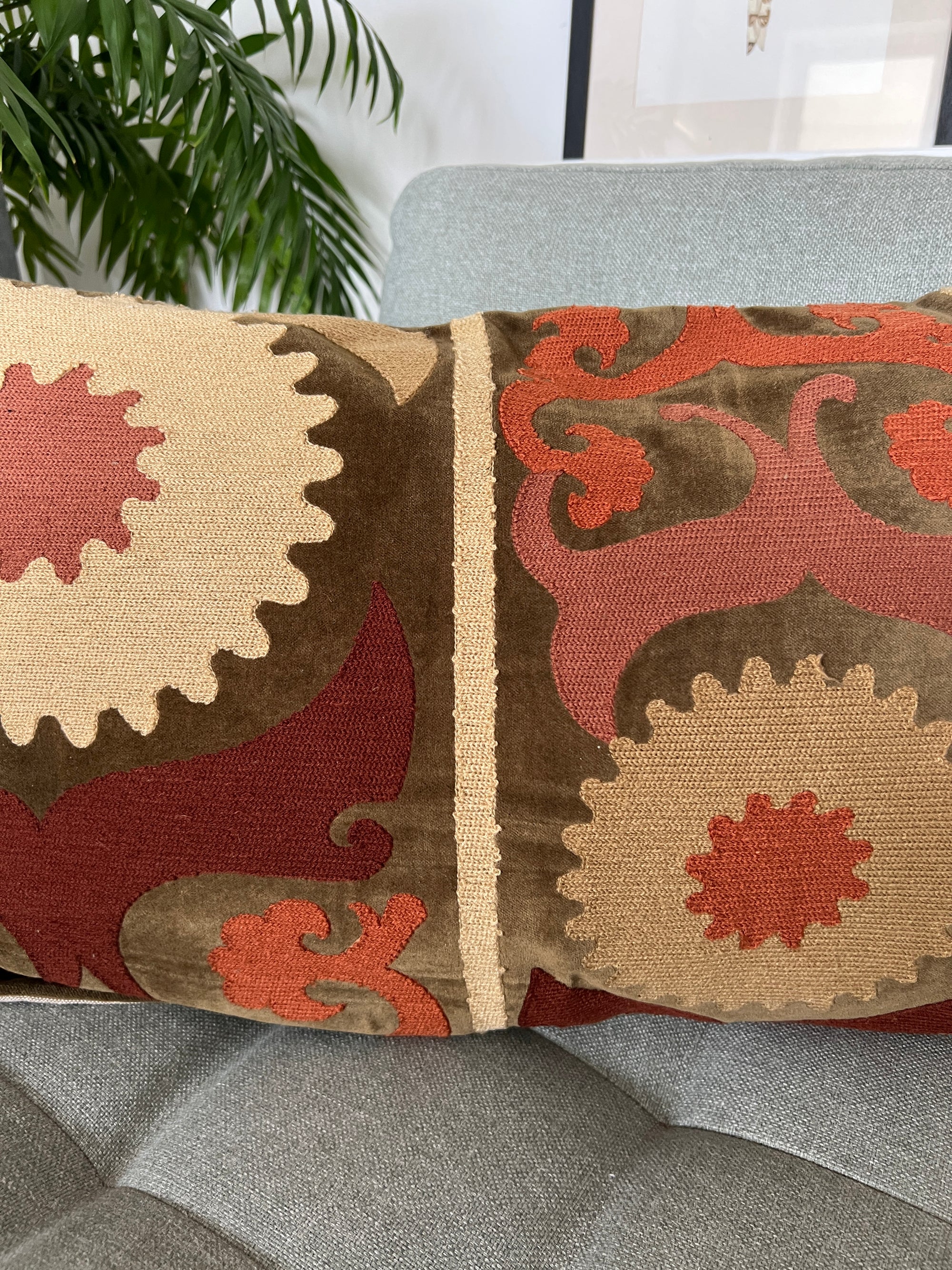 Rectangular Velvet Cushion Cover - Sozani Embroidery In Autumn Colours