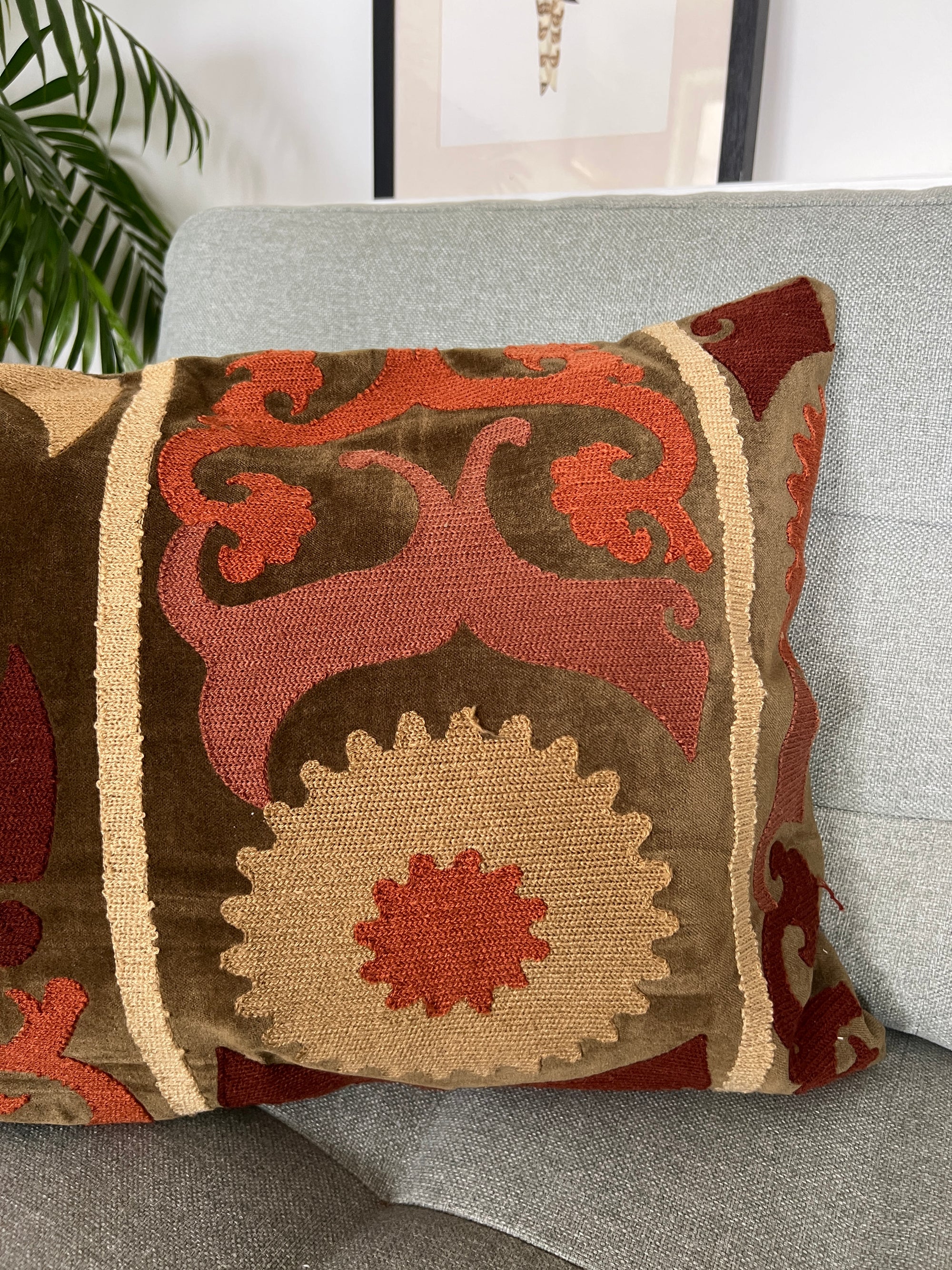 Rectangular Velvet Cushion Cover - Sozani Embroidery In Autumn Colours
