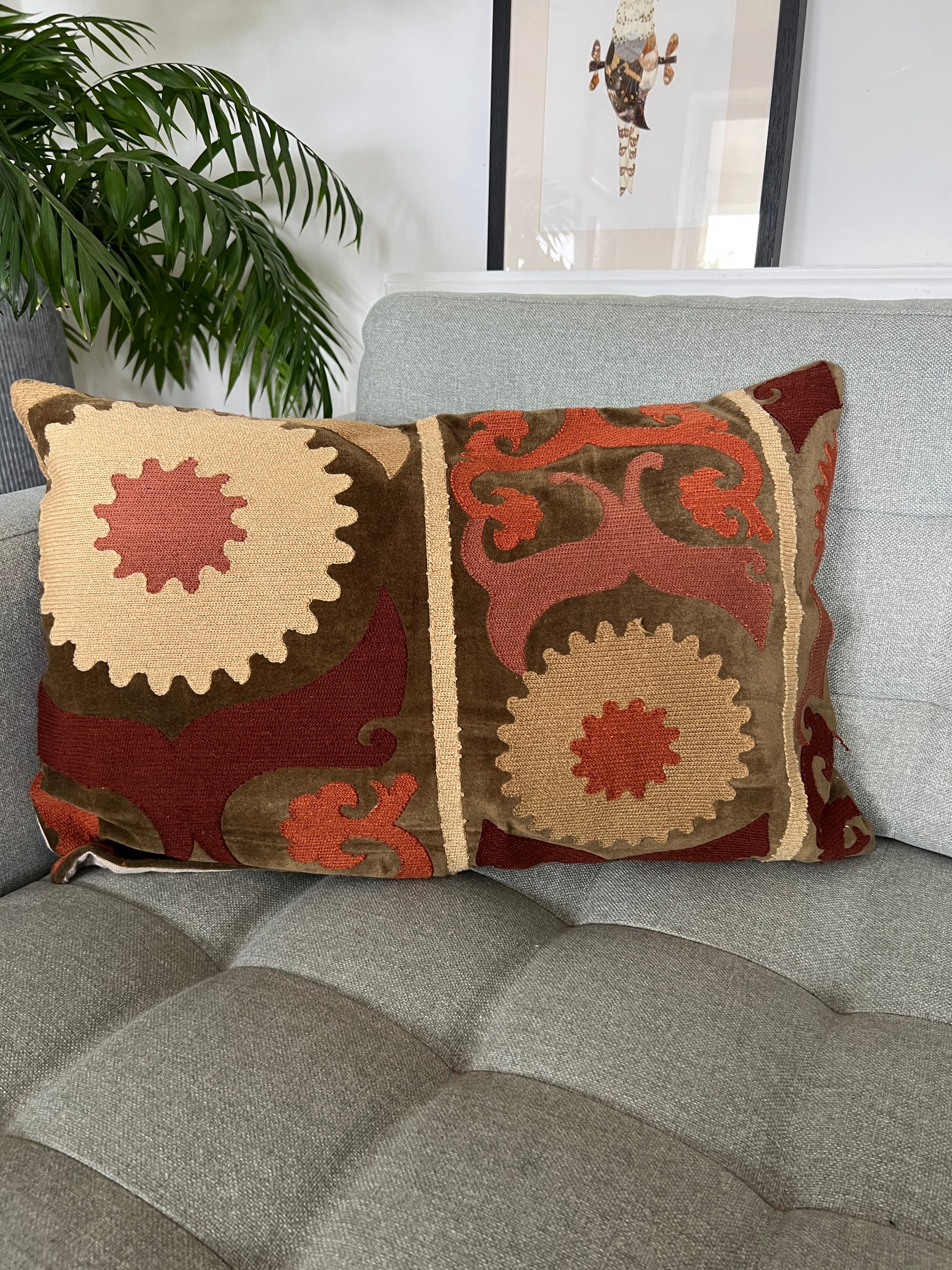Rectangular Velvet Cushion Cover - Sozani Embroidery In Autumn Colours