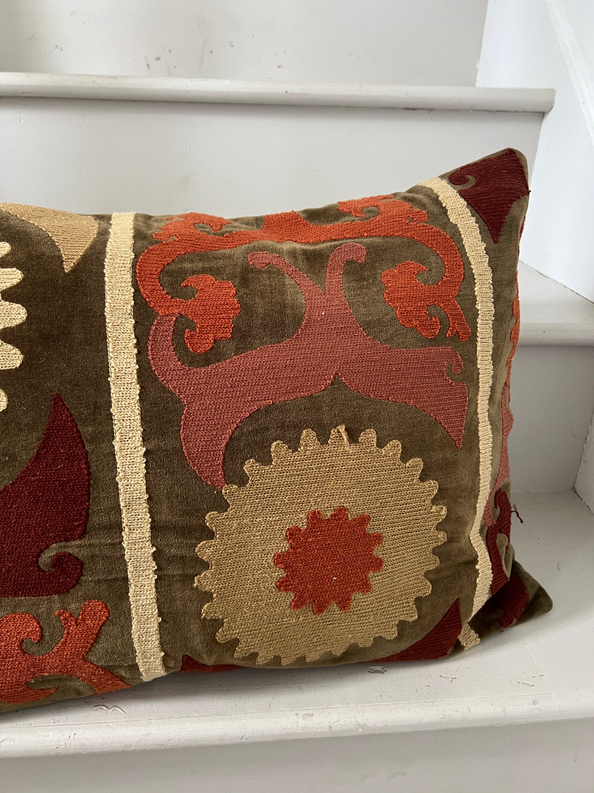 Rectangular Velvet Cushion Cover - Sozani Embroidery In Autumn Colours