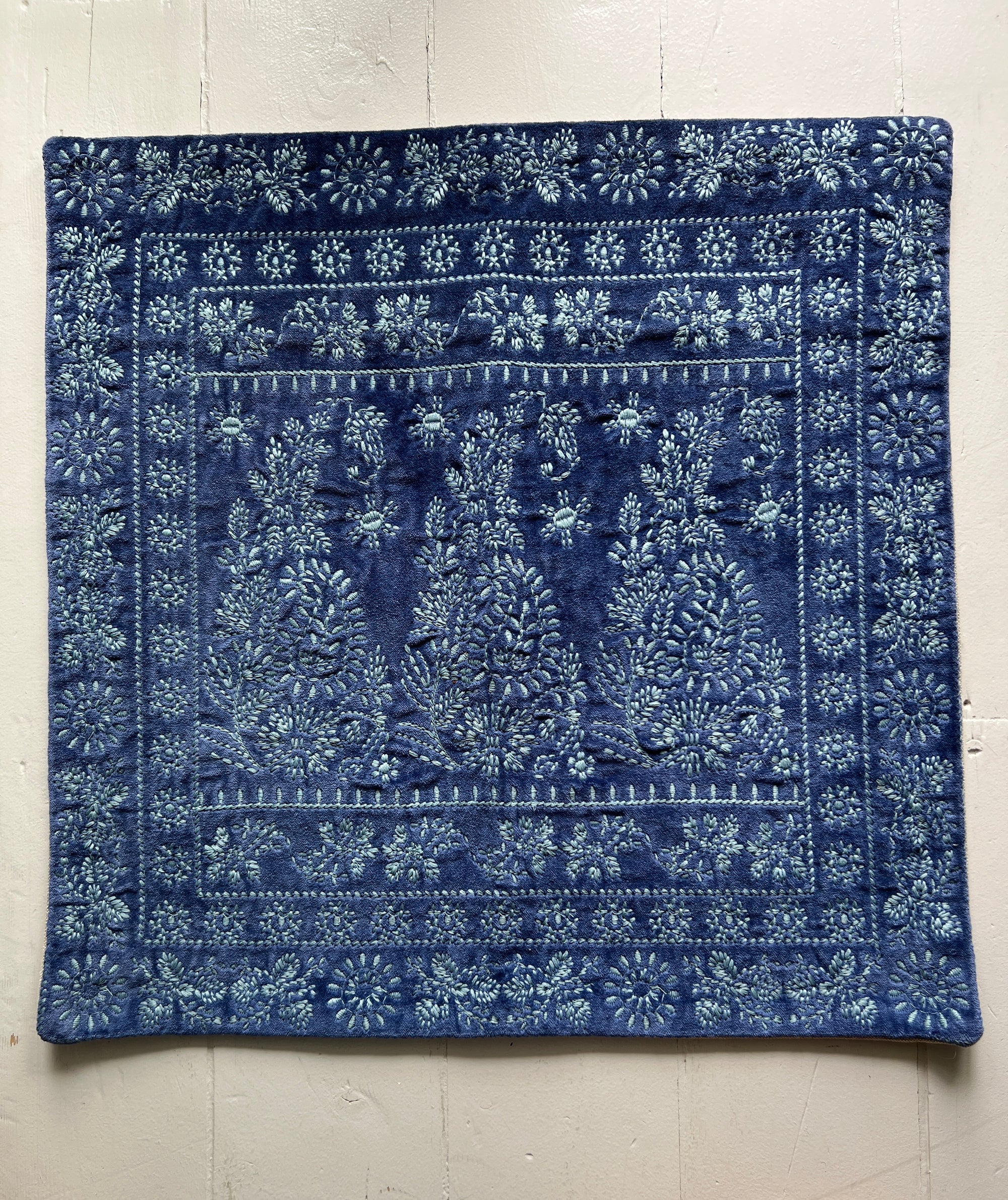 Velvet Paisley Embroidered Cushion Cover - Blues