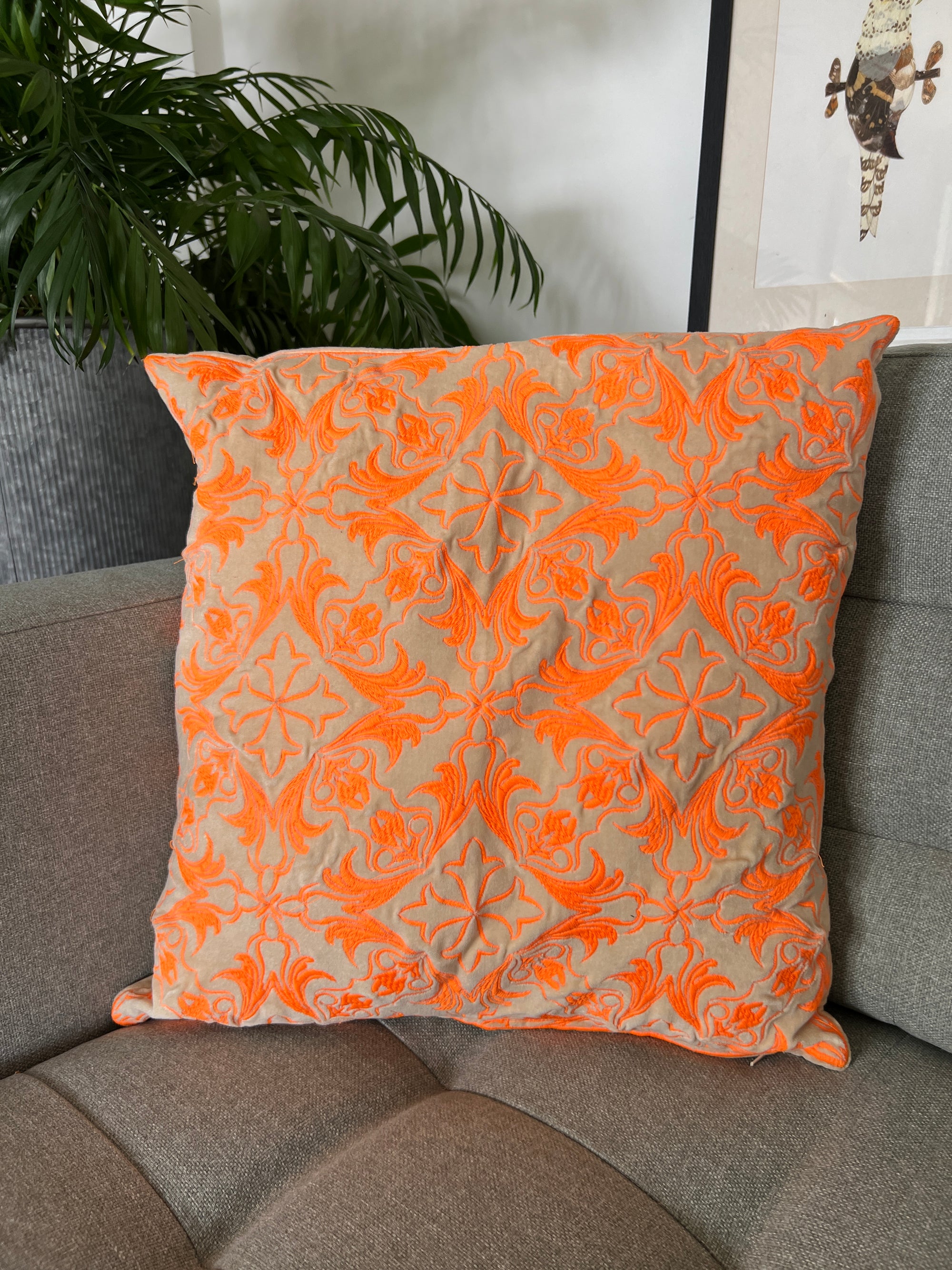 Velvet Embroidered Cushion Cover - Neon Orange Embroidery