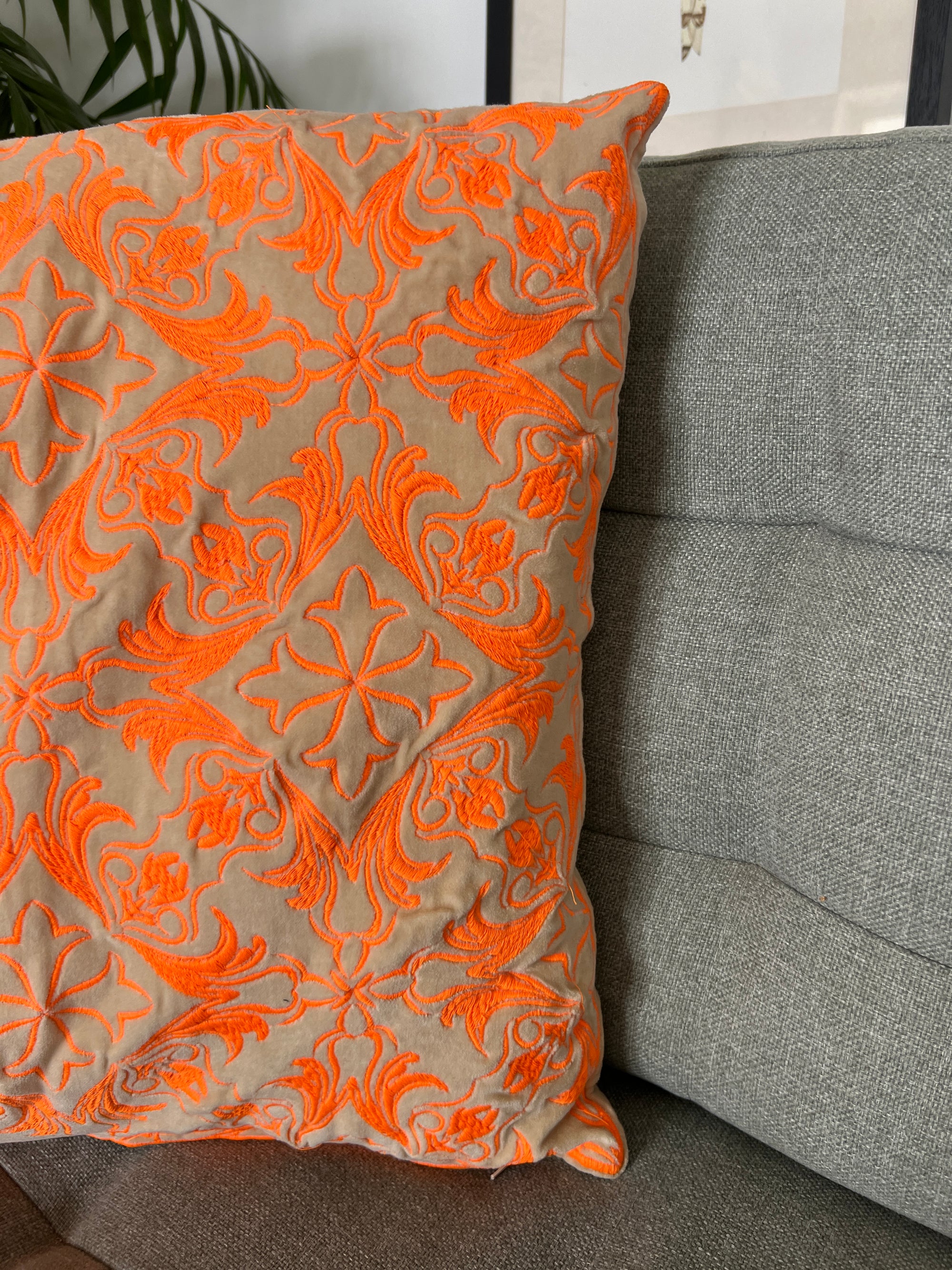 Velvet Embroidered Cushion Cover - Neon Orange Embroidery