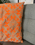 Velvet Embroidered Cushion Cover - Neon Orange Embroidery