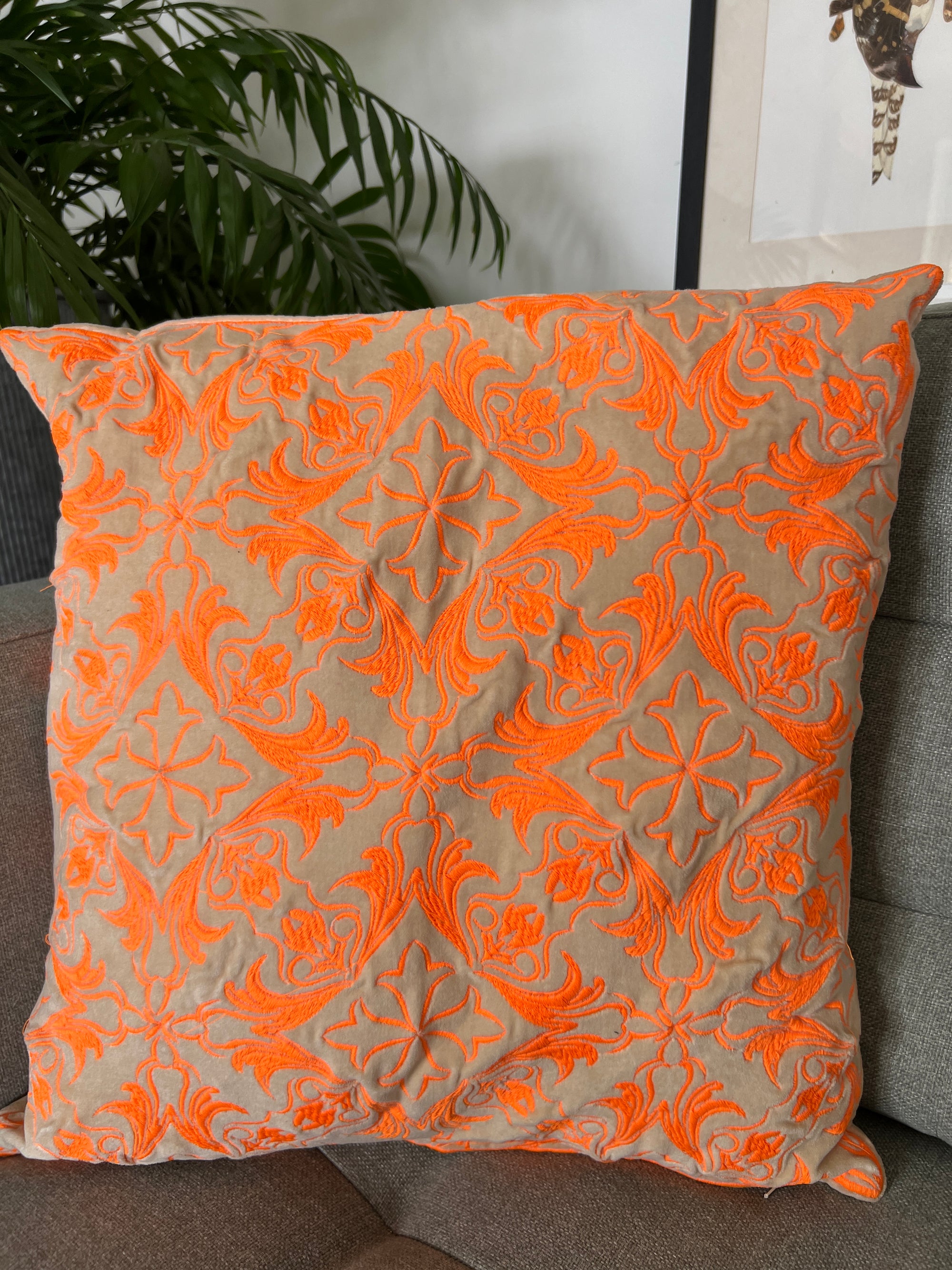 Velvet Embroidered Cushion Cover - Neon Orange Embroidery