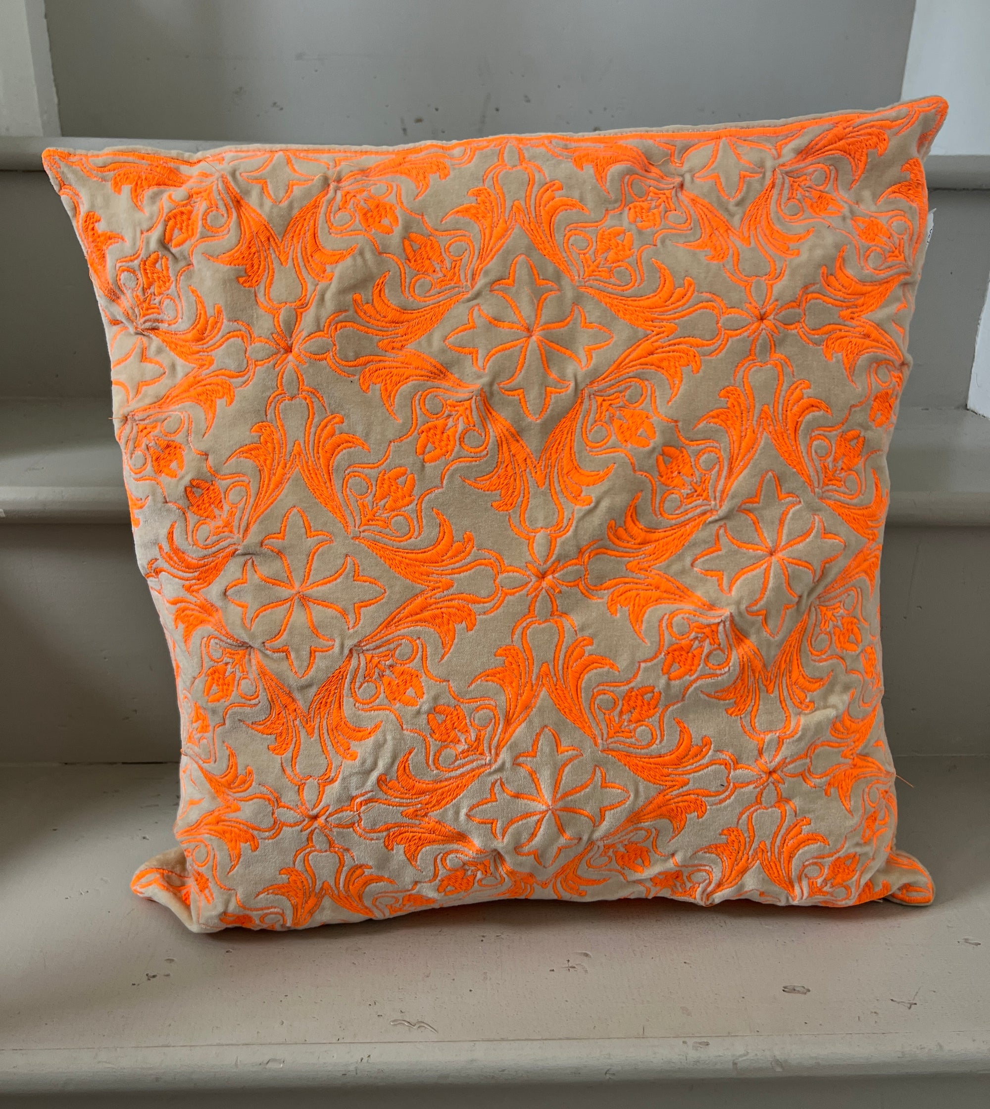 Velvet Embroidered Cushion Cover - Neon Orange Embroidery