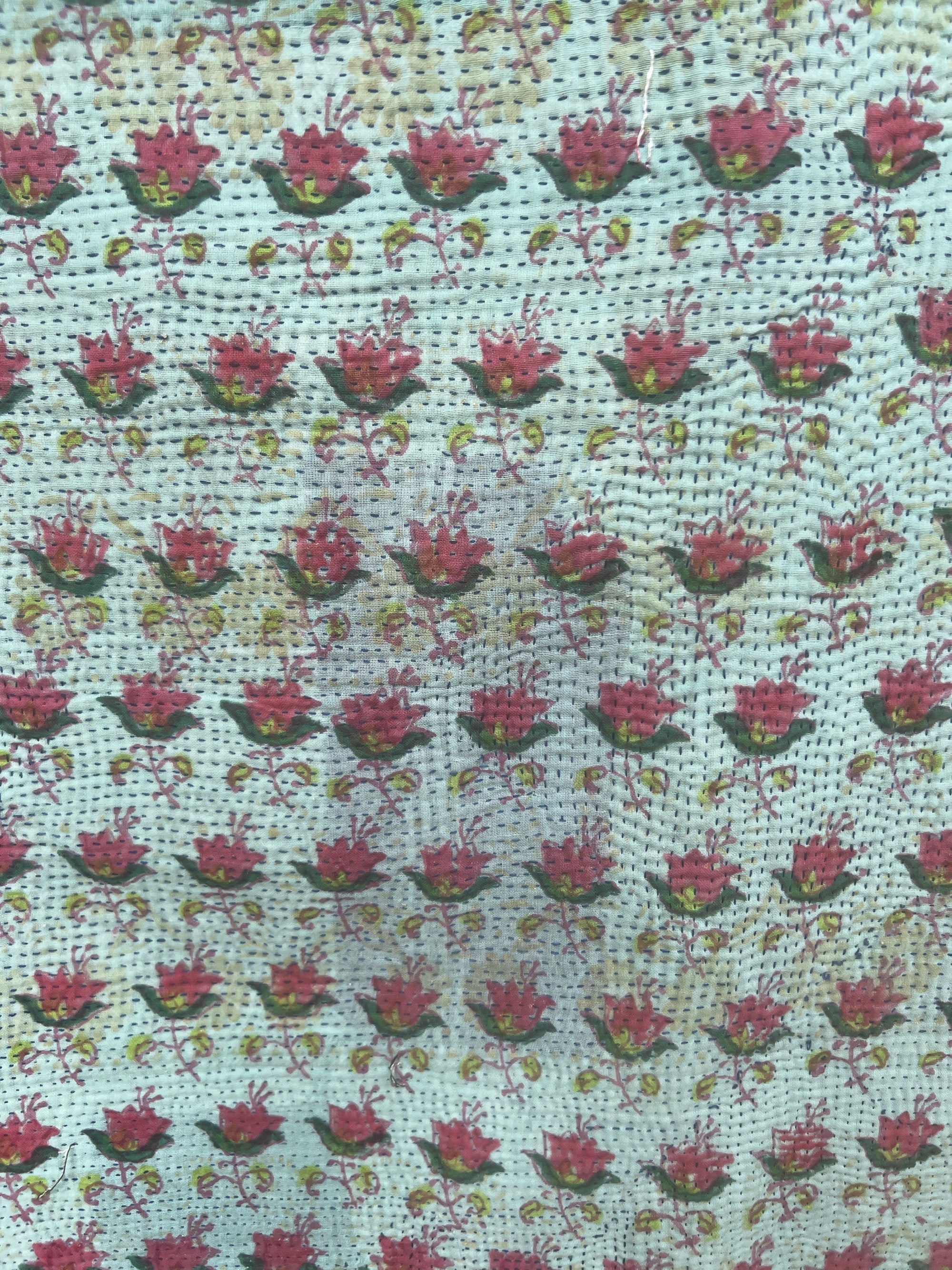 Vintage Kantha Throw with Handblock Print