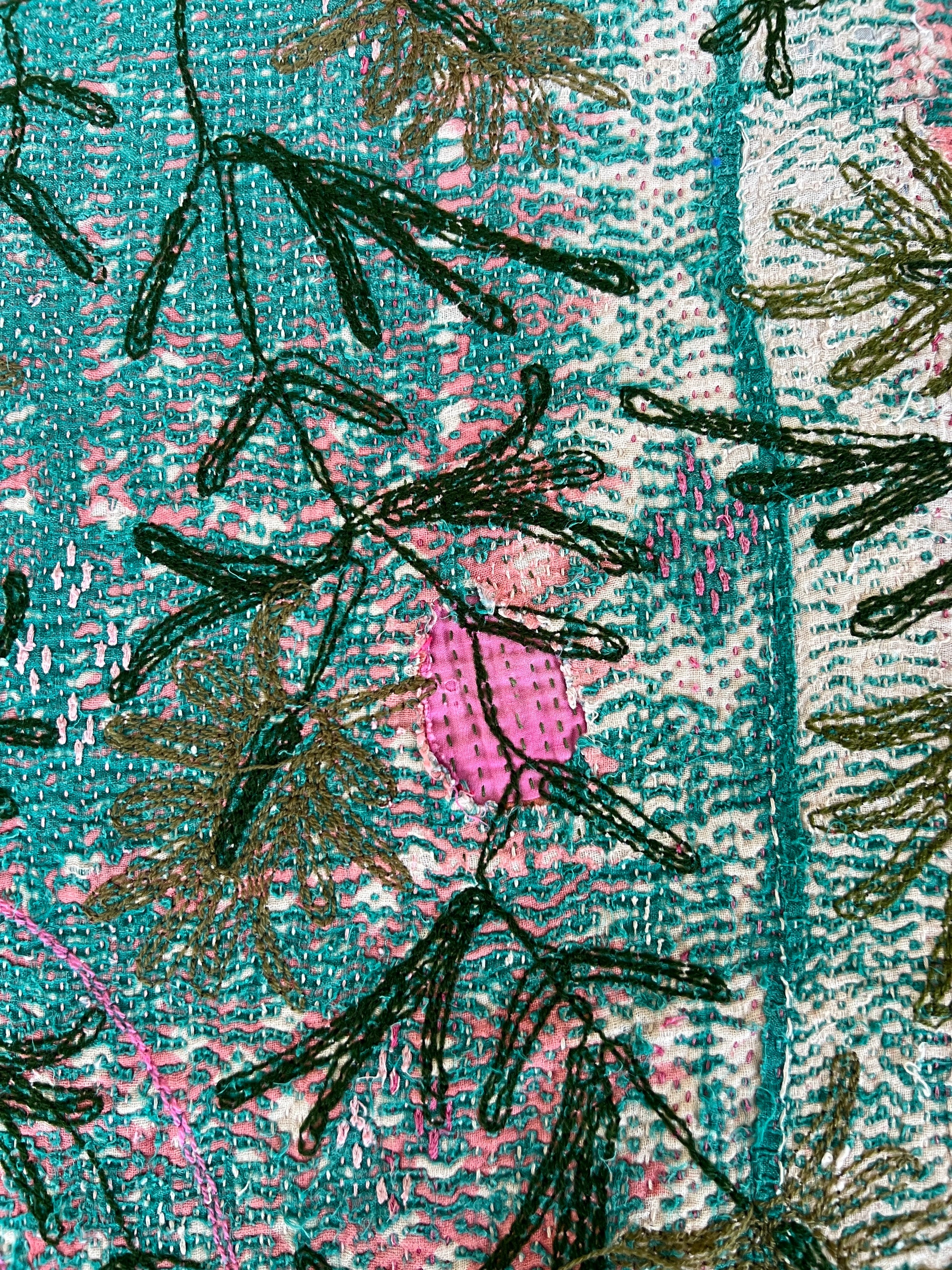 Vintage Hand Stitched Kantha Sozani Throw - Greens