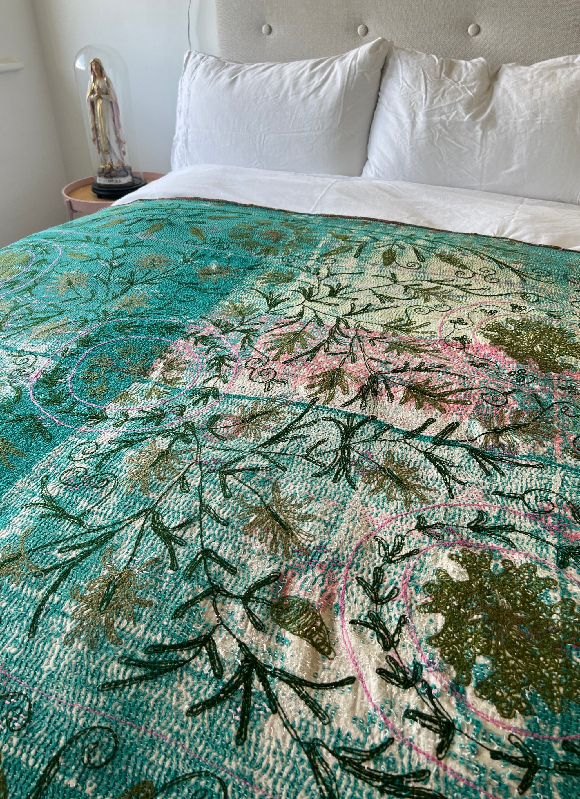 Vintage Hand Stitched Kantha Sozani Throw - Greens