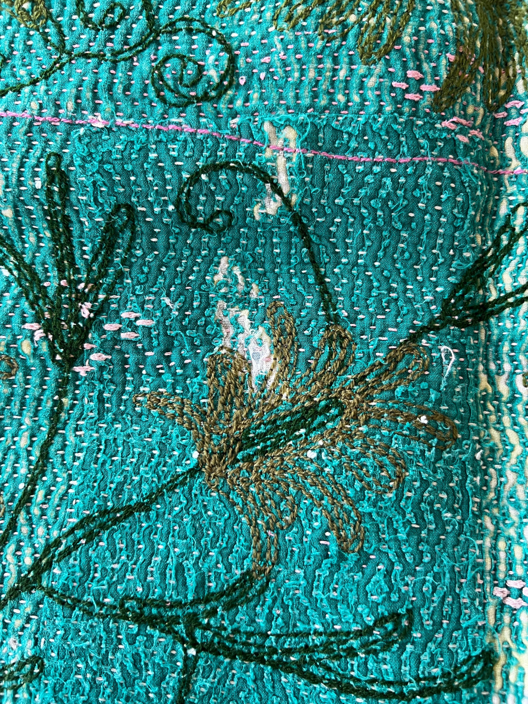 Vintage Hand Stitched Kantha Sozani Throw - Greens