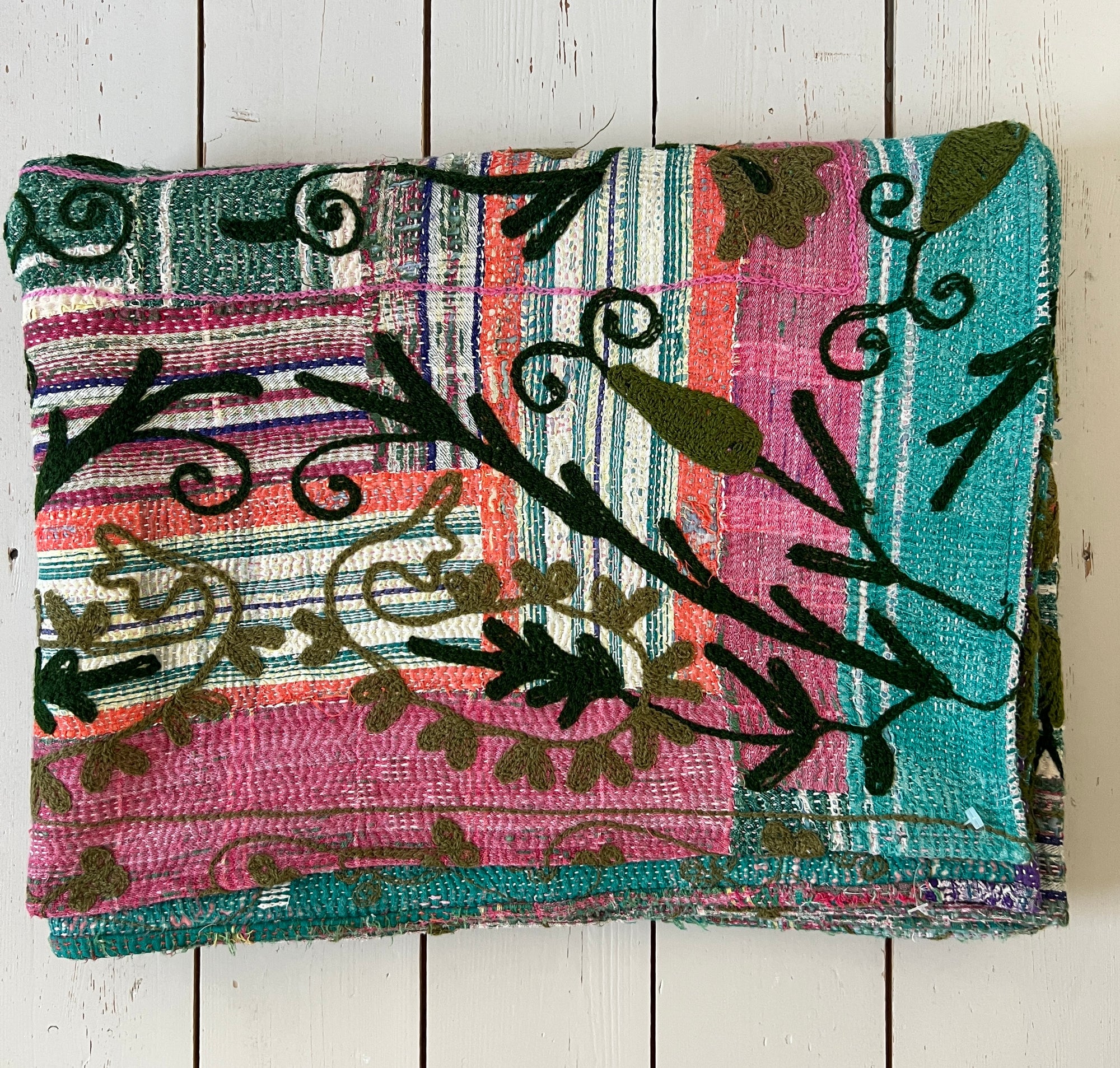 Vintage Hand Stitched Kantha Sozani Throw - Greens