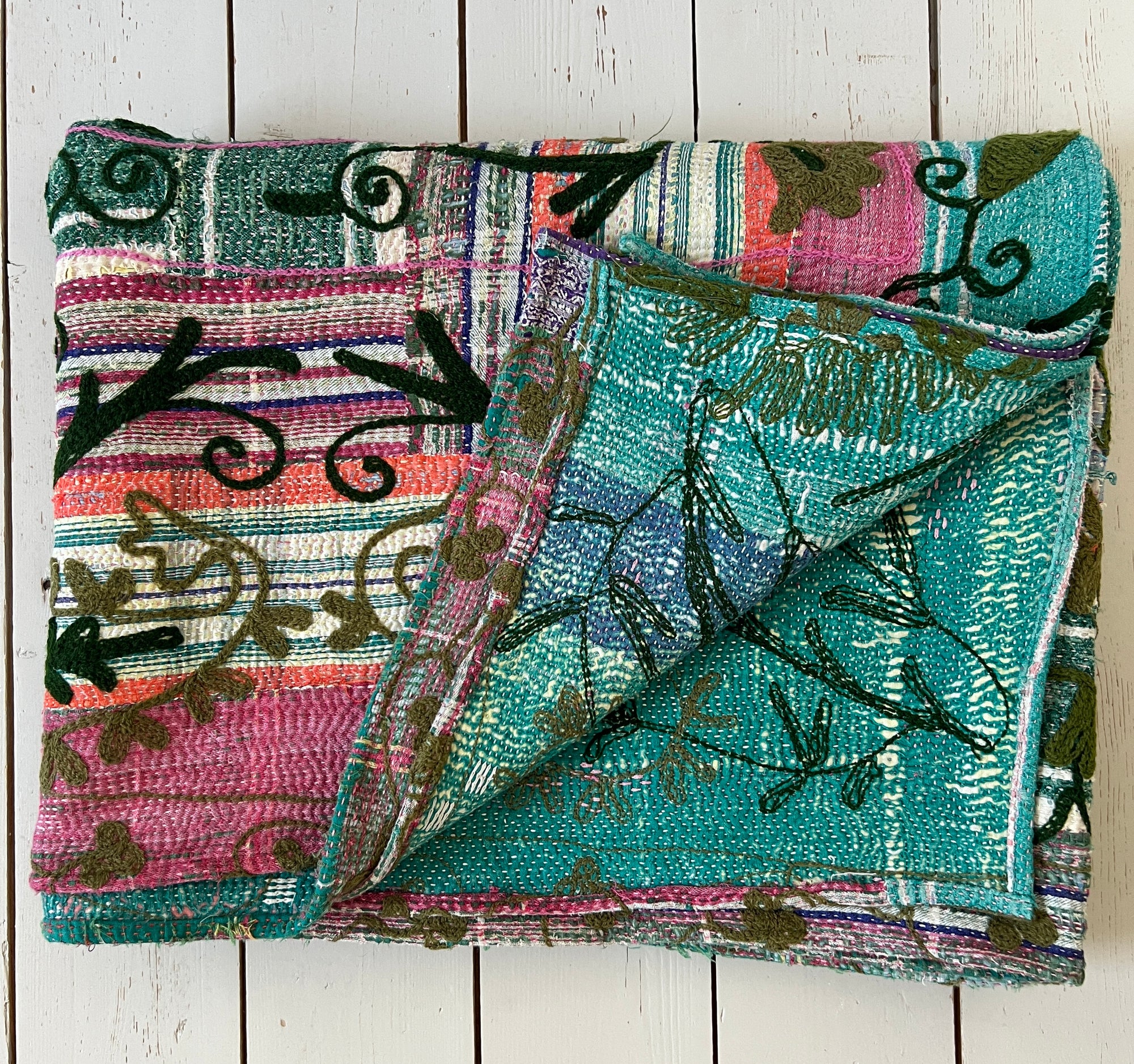 Vintage Hand Stitched Kantha Sozani Throw - Greens