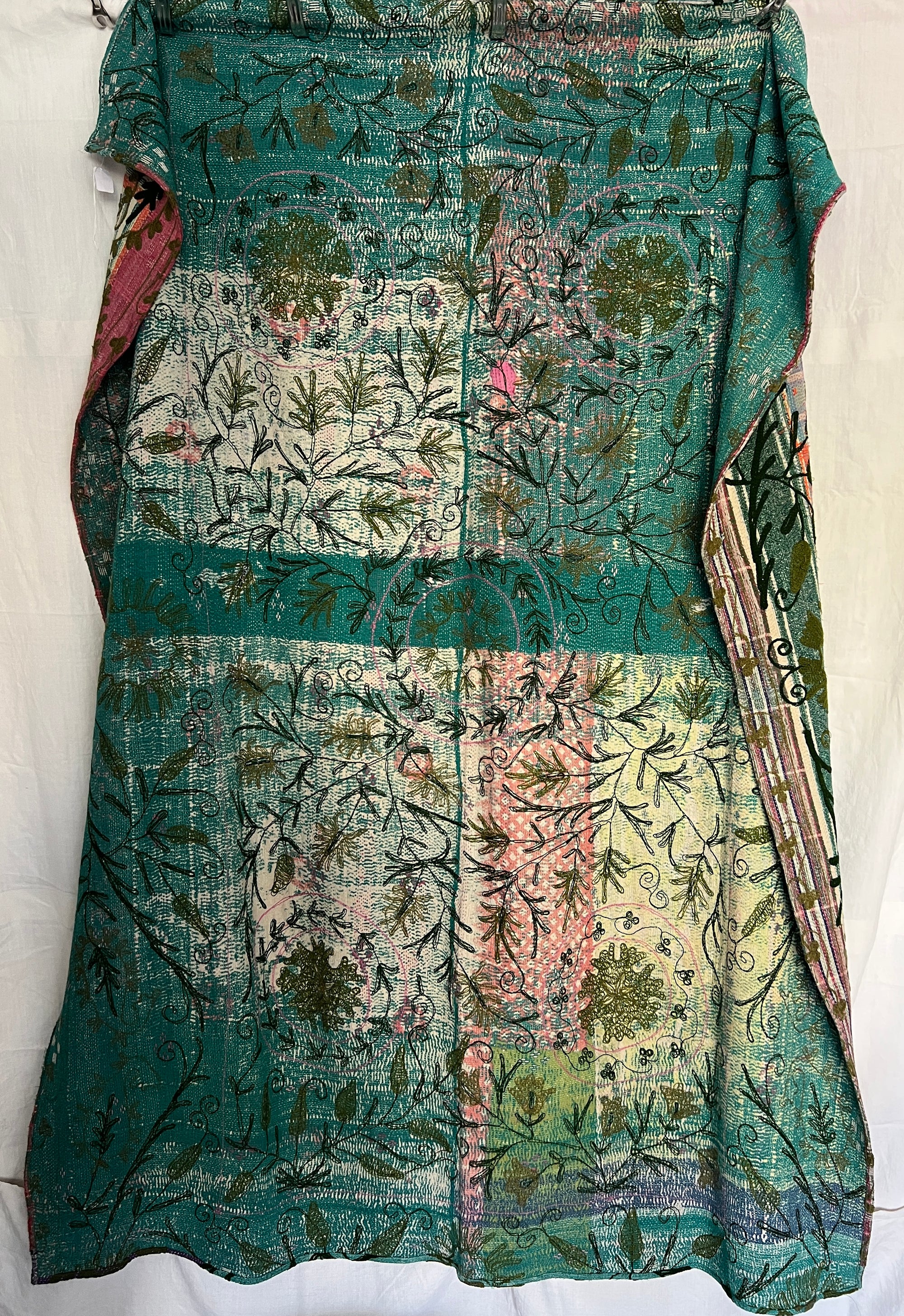 Vintage Hand Stitched Kantha Sozani Throw - Greens