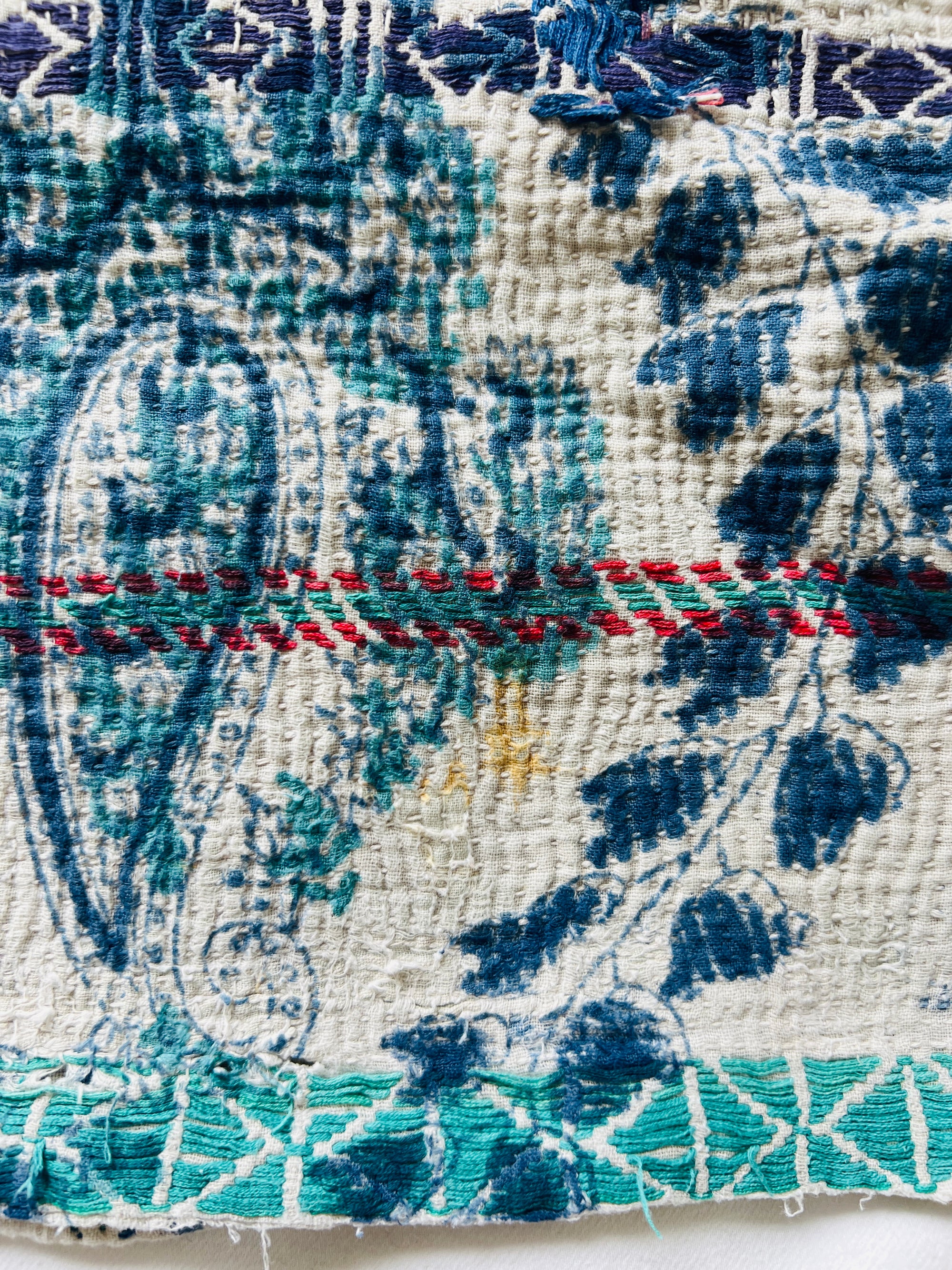 Hand Stitched and Hand Block Printed Kantha Throw - Paisley And Floral Stripe