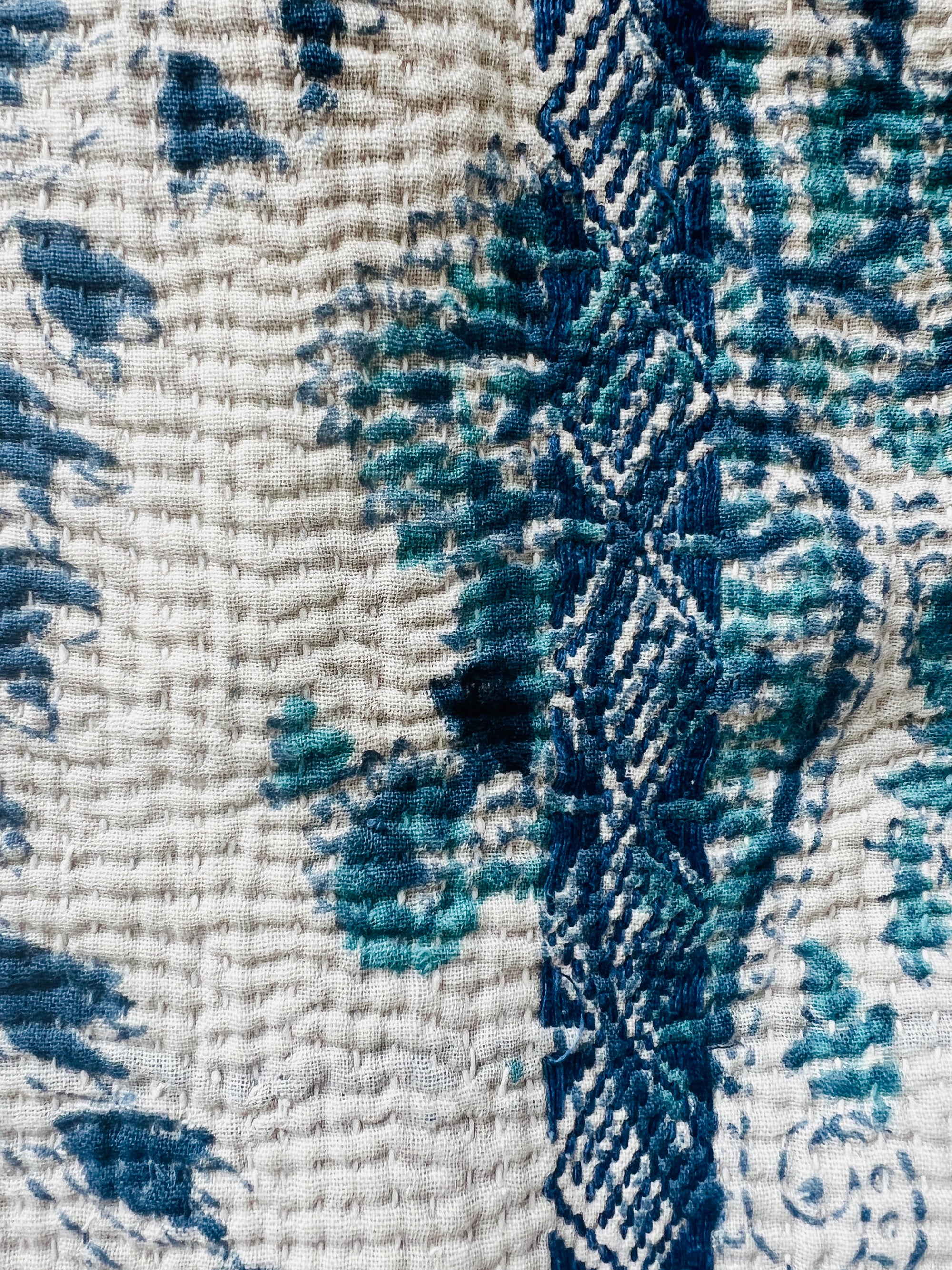 Hand Stitched and Hand Block Printed Kantha Throw - Paisley And Floral Stripe