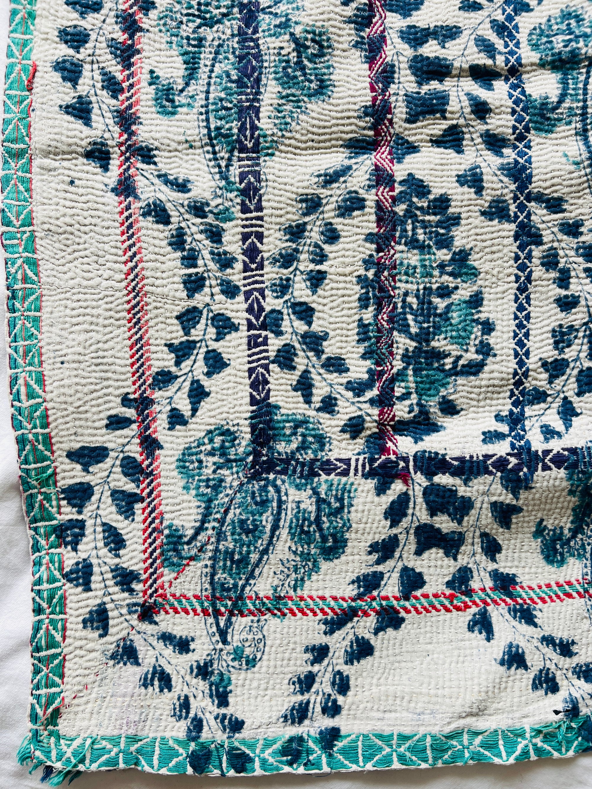 Hand Stitched and Hand Block Printed Kantha Throw - Paisley And Floral Stripe
