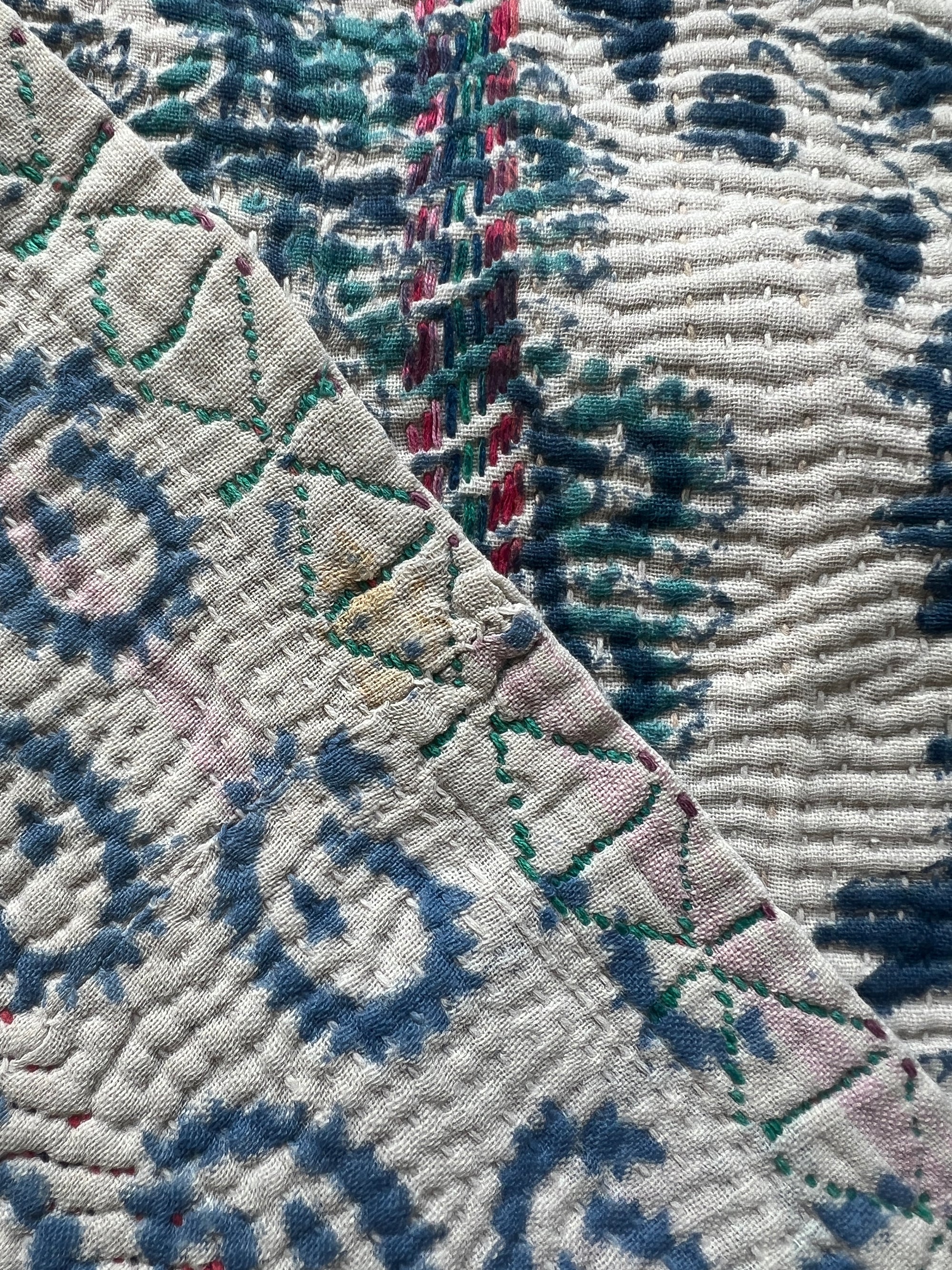 Hand Stitched and Hand Block Printed Kantha Throw - Paisley And Floral Stripe