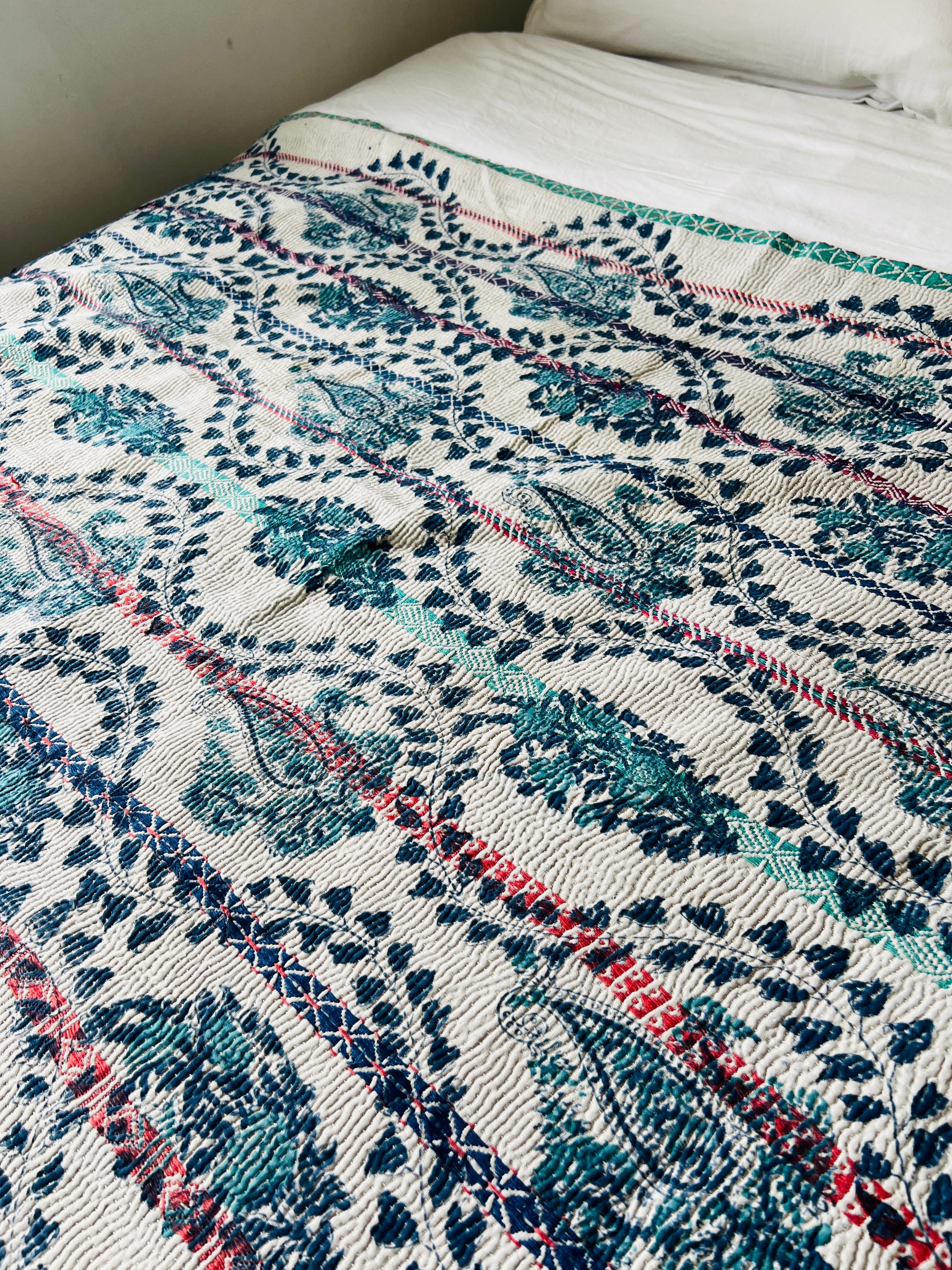 Hand Stitched and Hand Block Printed Kantha Throw - Paisley And Floral Stripe