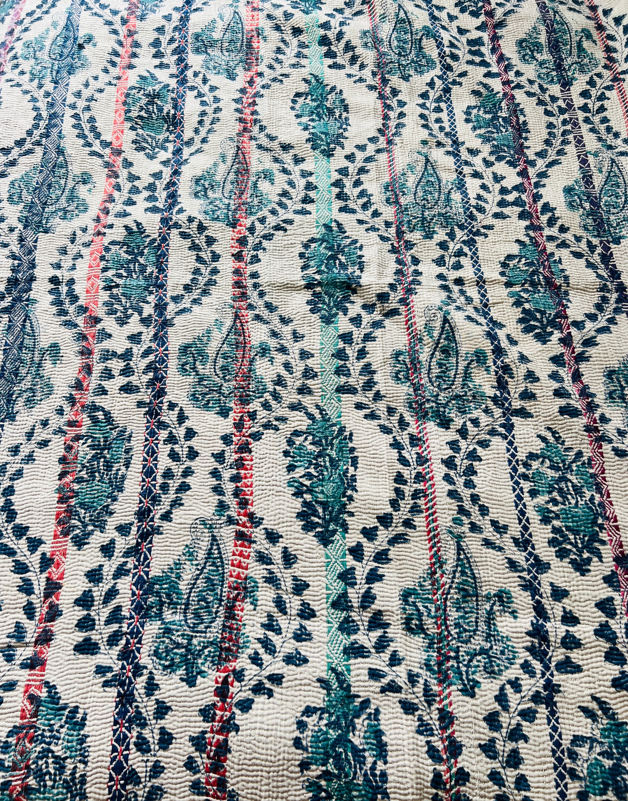 Hand Stitched and Hand Block Printed Kantha Throw - Paisley And Floral Stripe