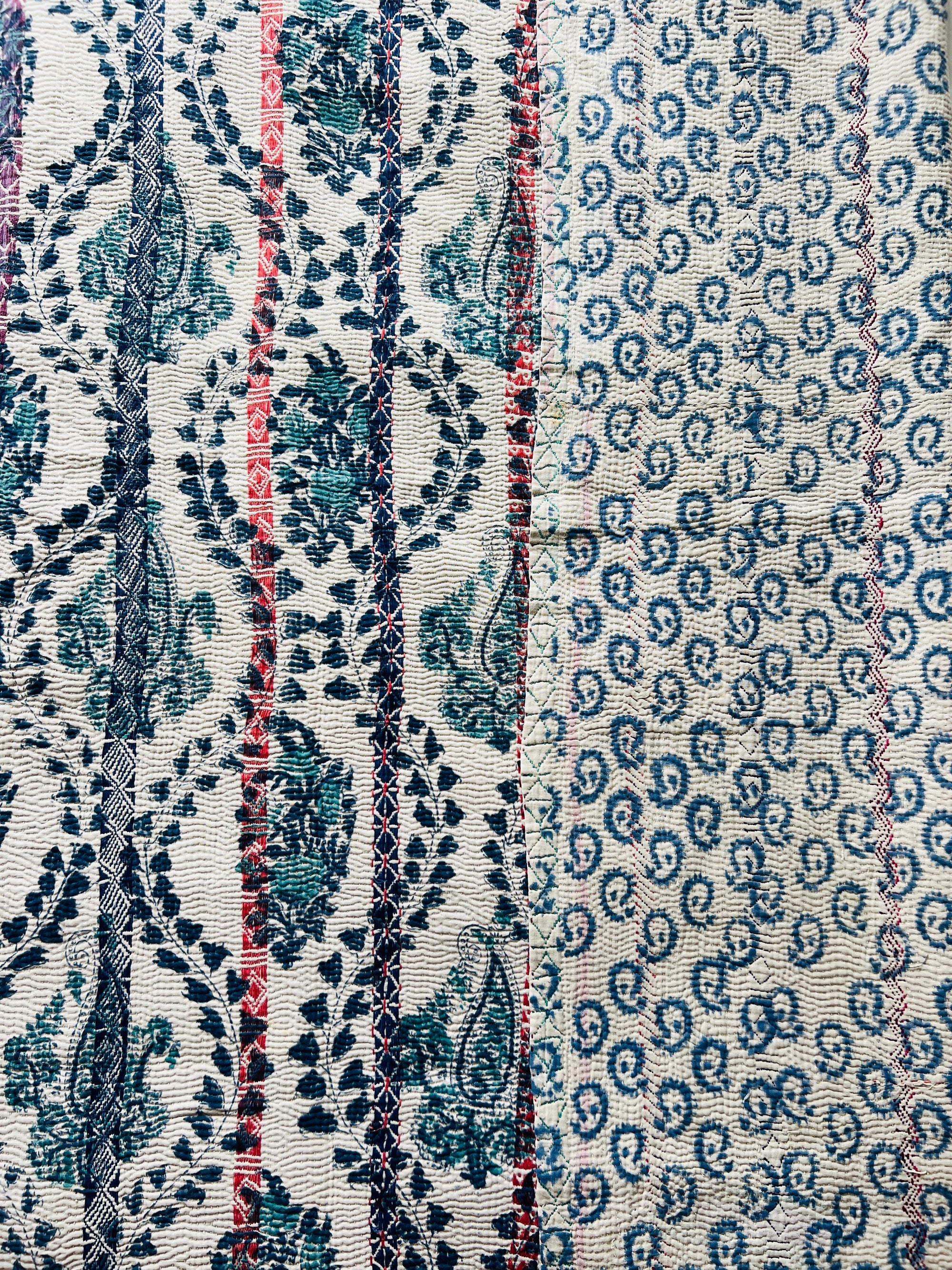 Hand Stitched and Hand Block Printed Kantha Throw - Paisley And Floral Stripe