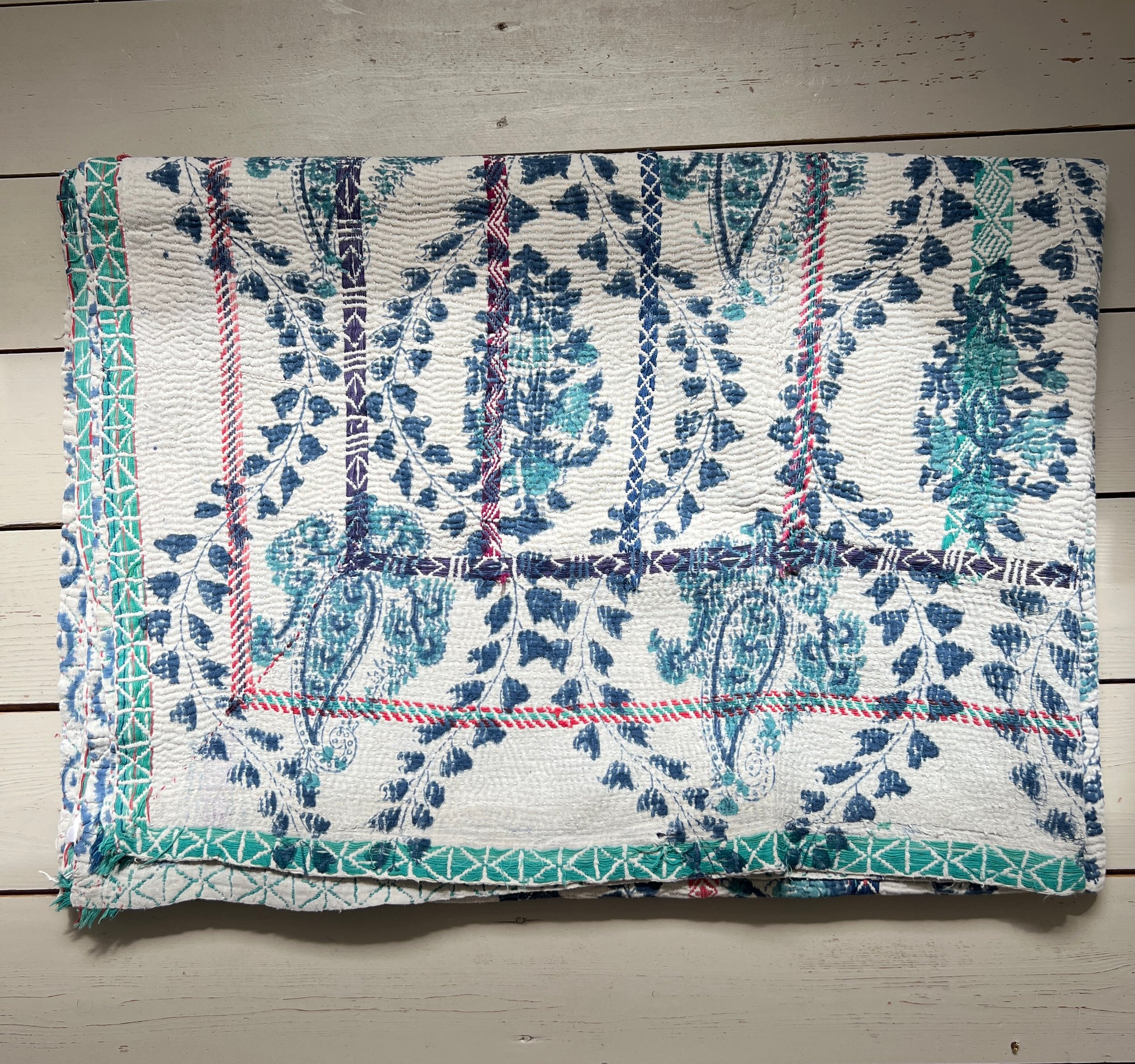 Hand Stitched and Hand Block Printed Kantha Throw - Paisley And Floral Stripe
