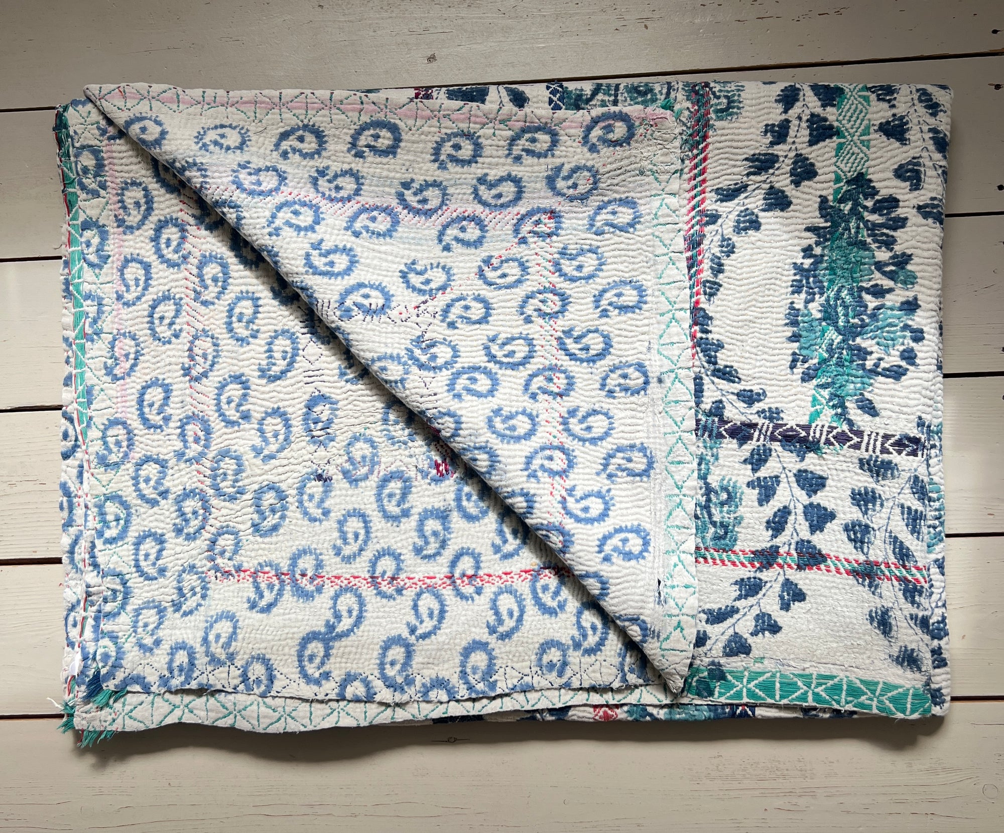 Hand Stitched and Hand Block Printed Kantha Throw - Paisley And Floral Stripe