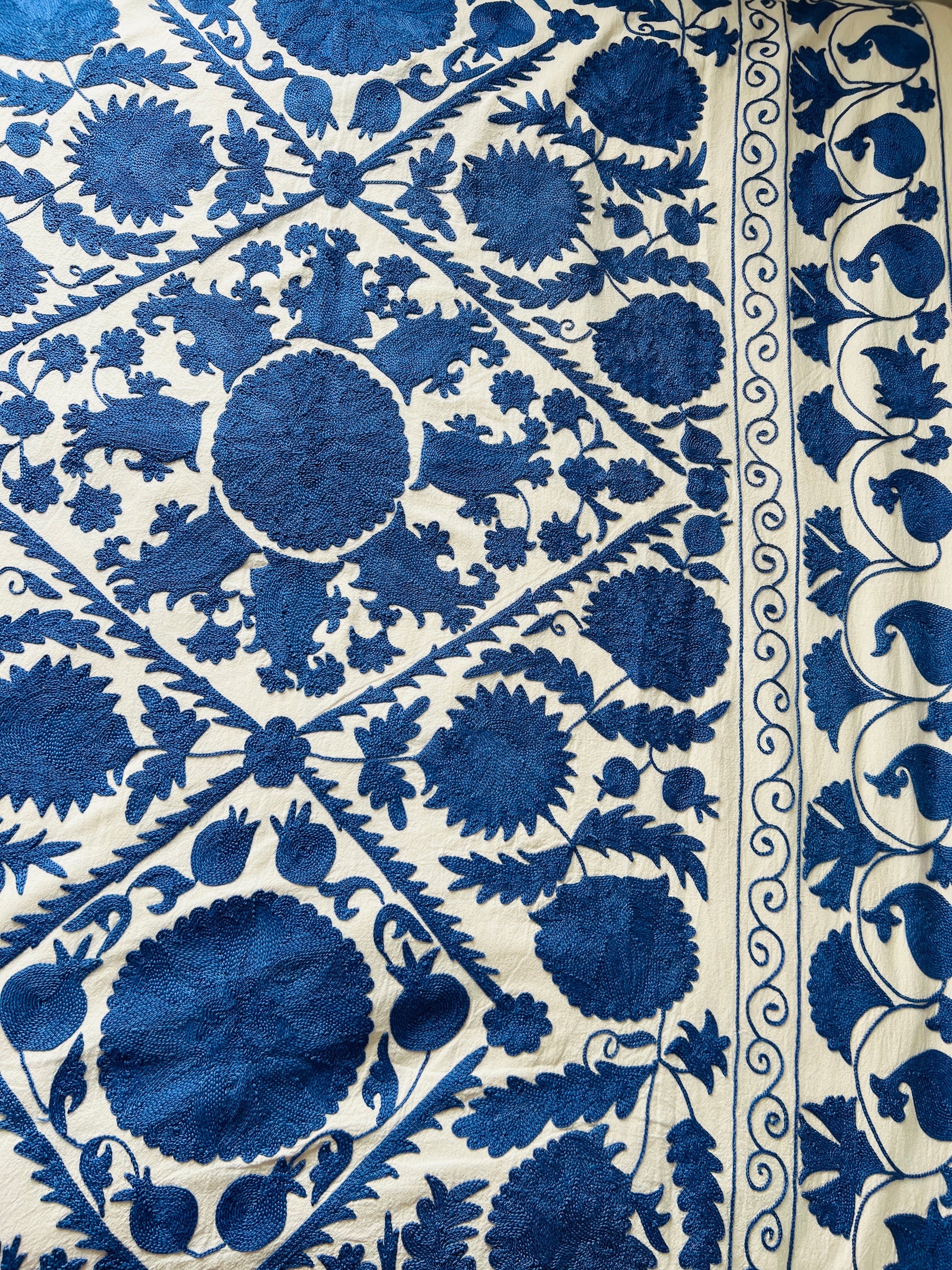 Hand Embroidered Cotton Sozani Panel - Deep Blue