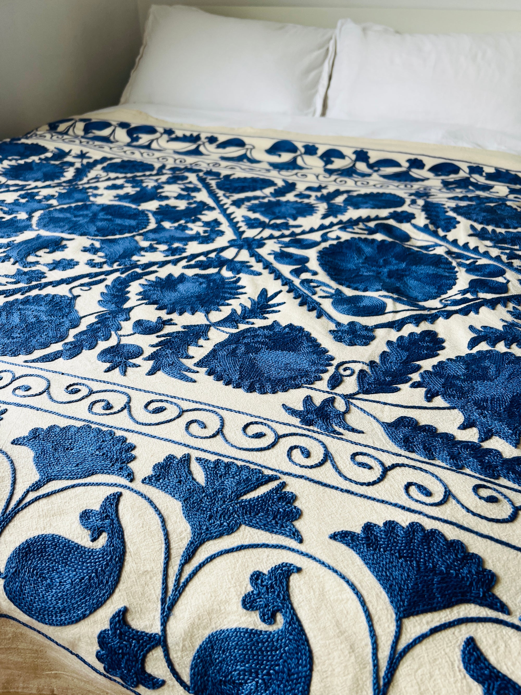Hand Embroidered Cotton Sozani Panel - Deep Blue